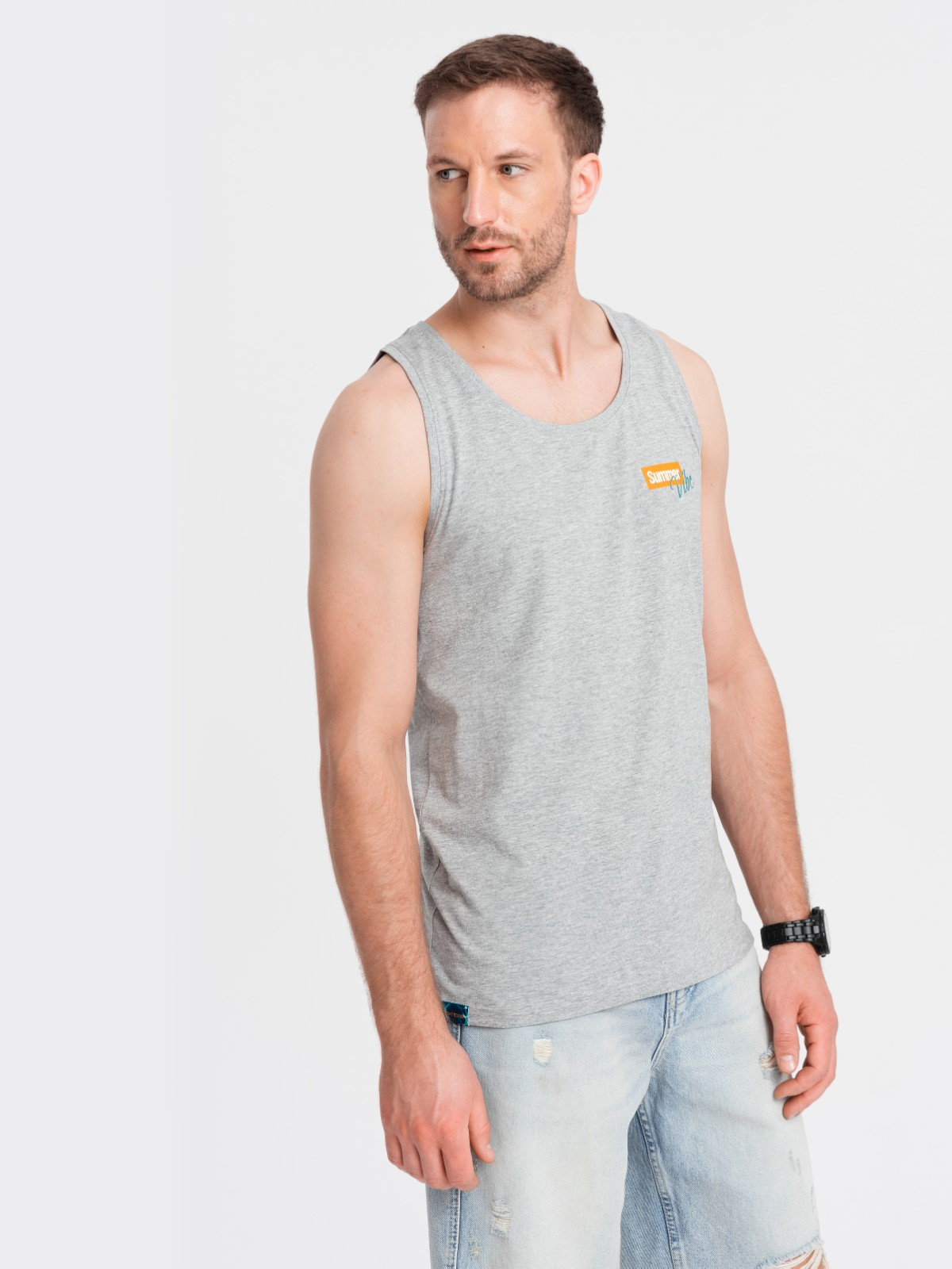 Ombre Summer Vibe printed men's cotton tank top - grey melange