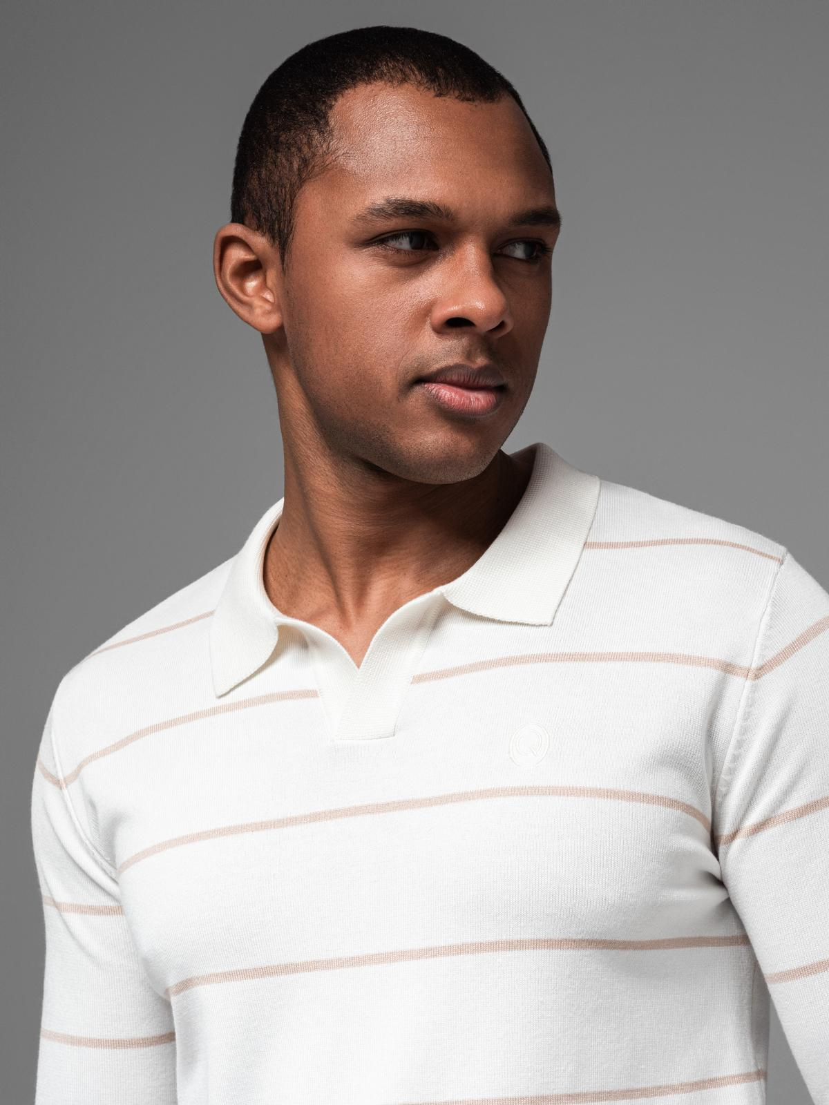 Ombre Men&#039;s horizontal striped polo longsleeve with viscose - white and beige
