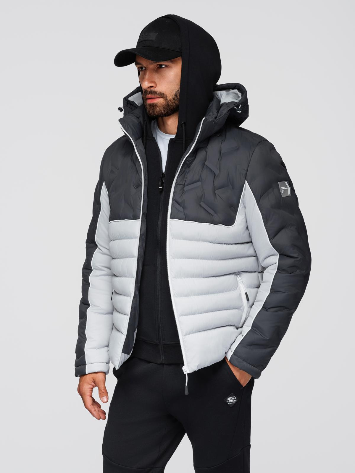 Ombre Men&#039;s quilted jacket with detachable hood - graphite and white