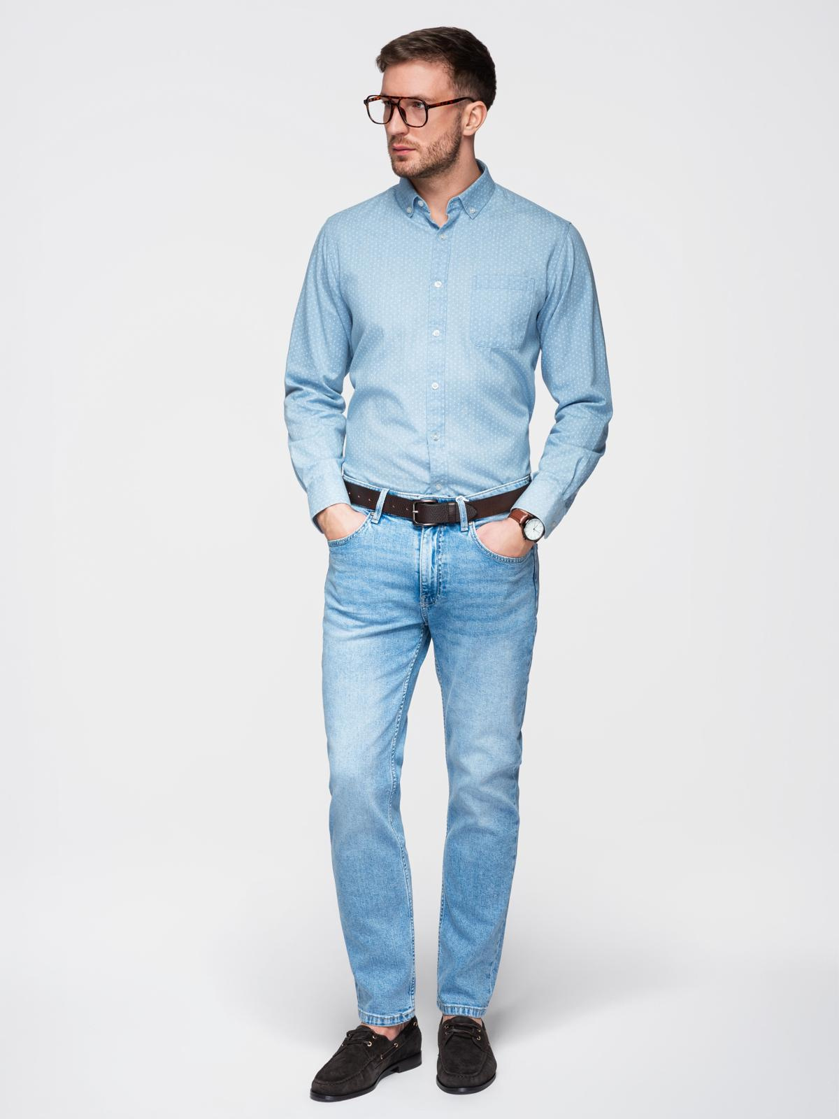 Ombre Men's patterned thin denim shirt with pocket - light blue