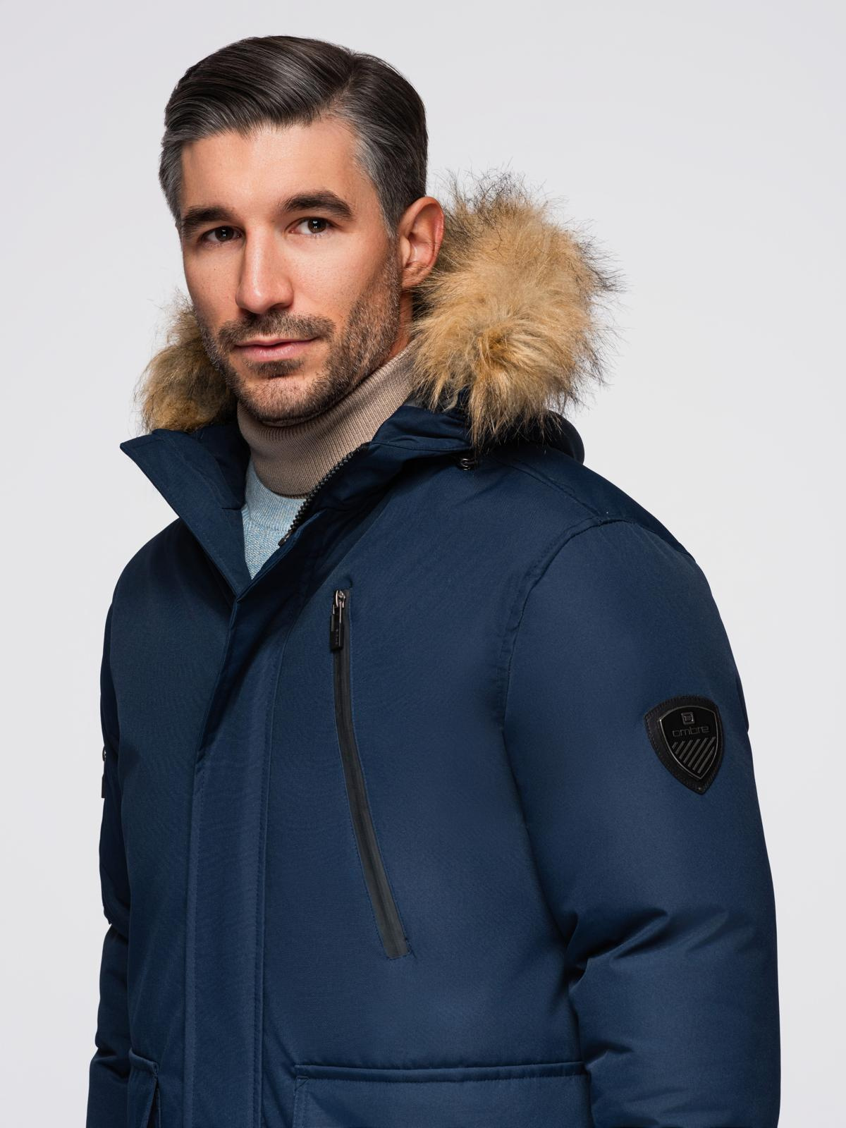 Ombre Alaskan men's winter jacket with detachable fur from the hood - navy blue