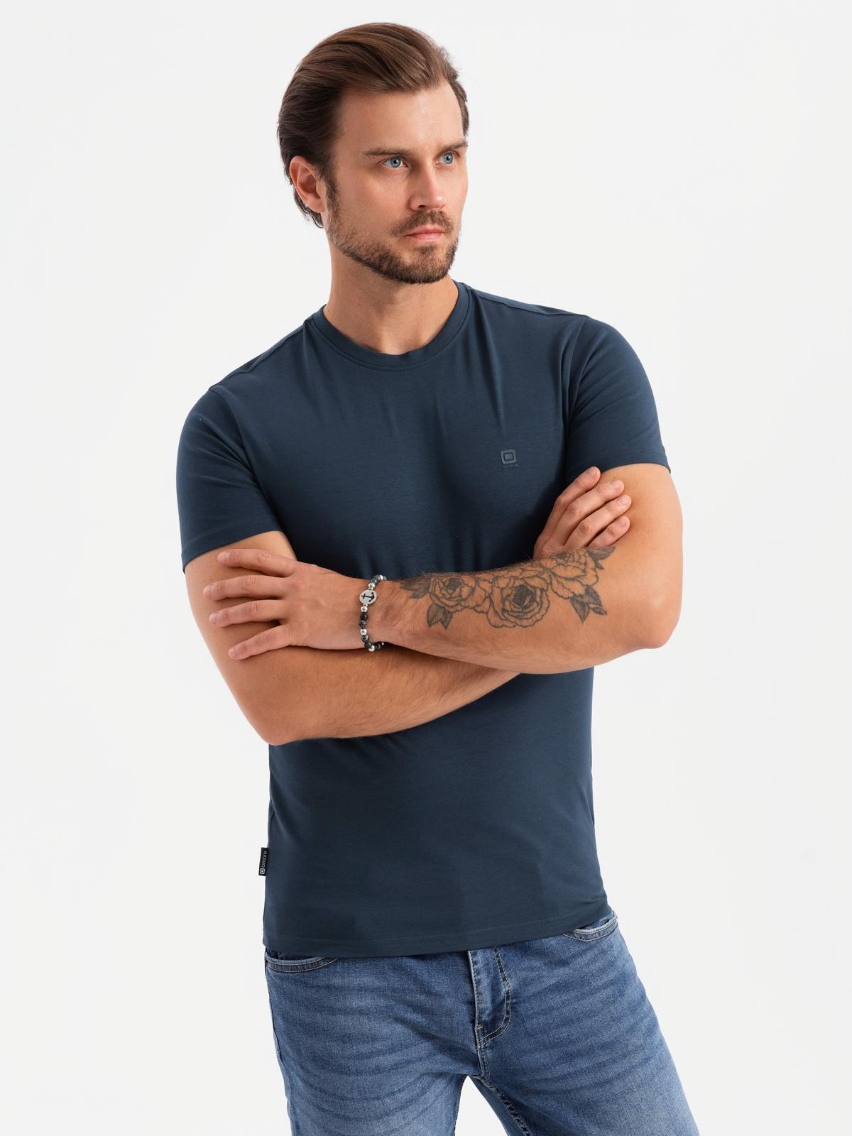 Ombre Men's SLIM FIT T-shirt with round neckline and logo - navy blue