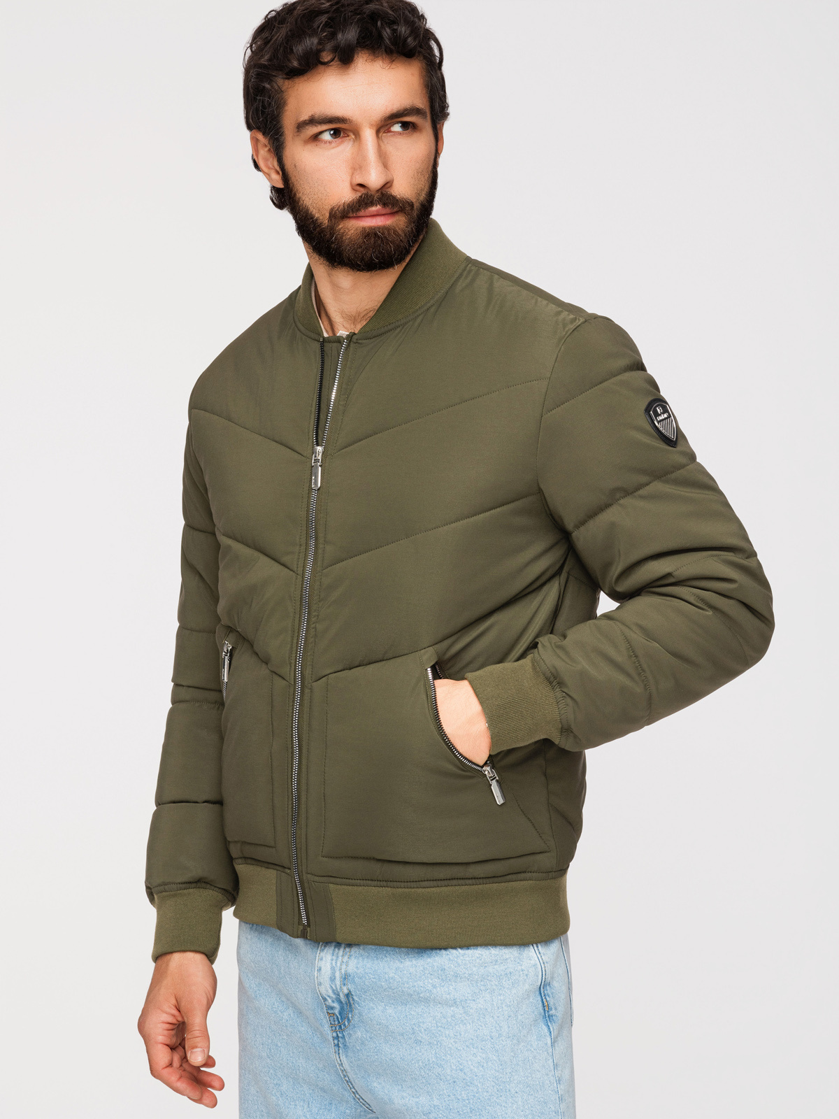 Ombre Men's quilted bomber jacket with metal zippers - dark olive green
