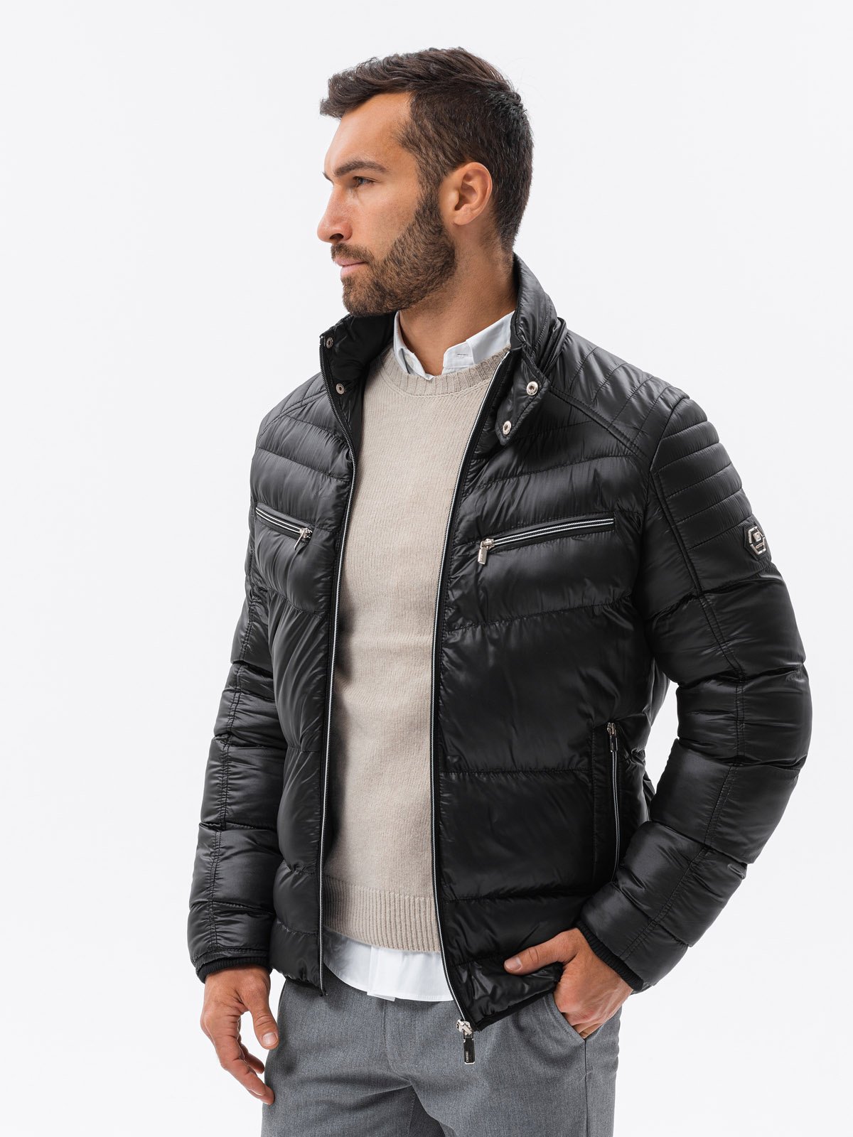 Ombre Men's winter quilted jacket with decorative zippers - black