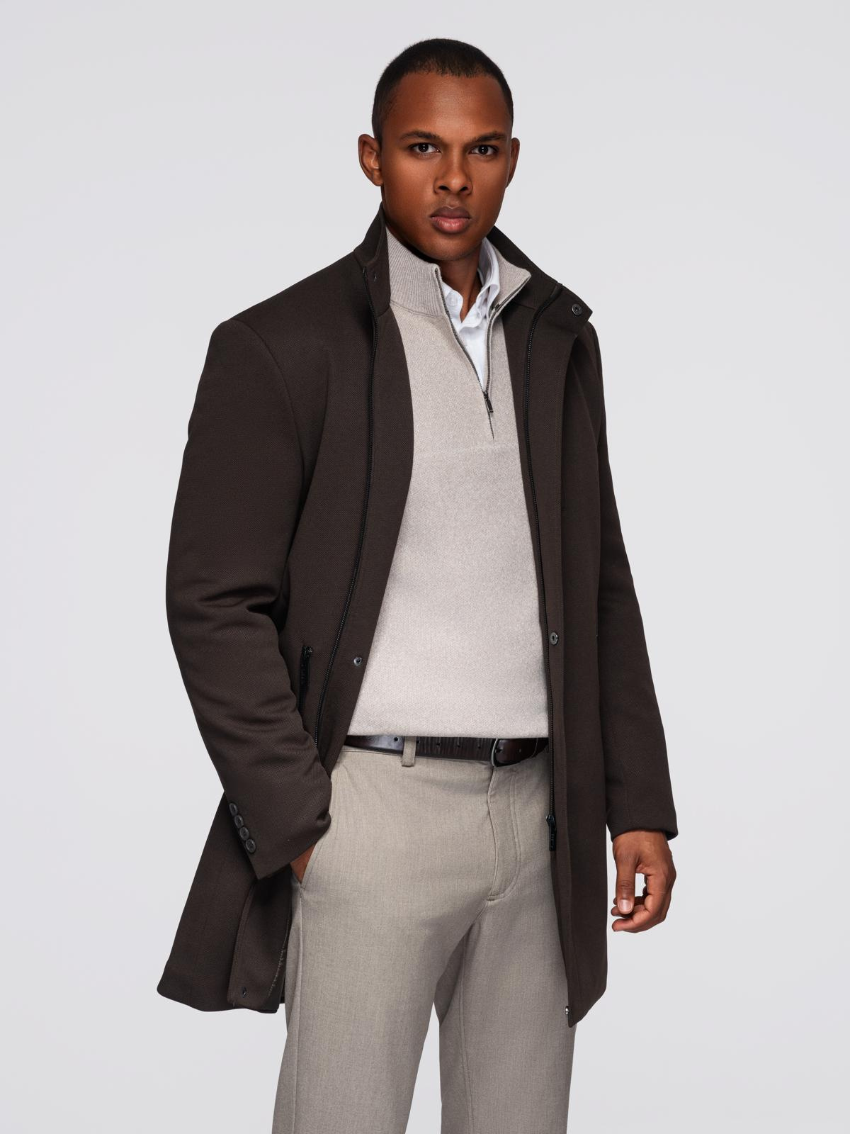 Ombre Structured fitted coat for men with high collar - dark brown