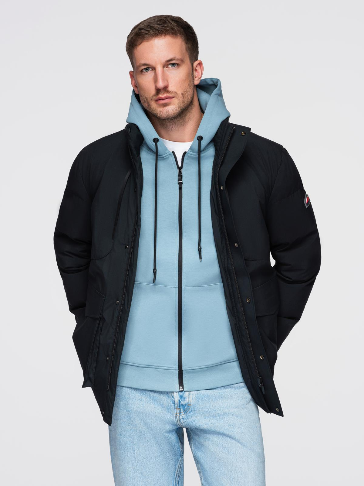 Ombre Men&#039;s winter jacket with detachable hood in waterproof material - black