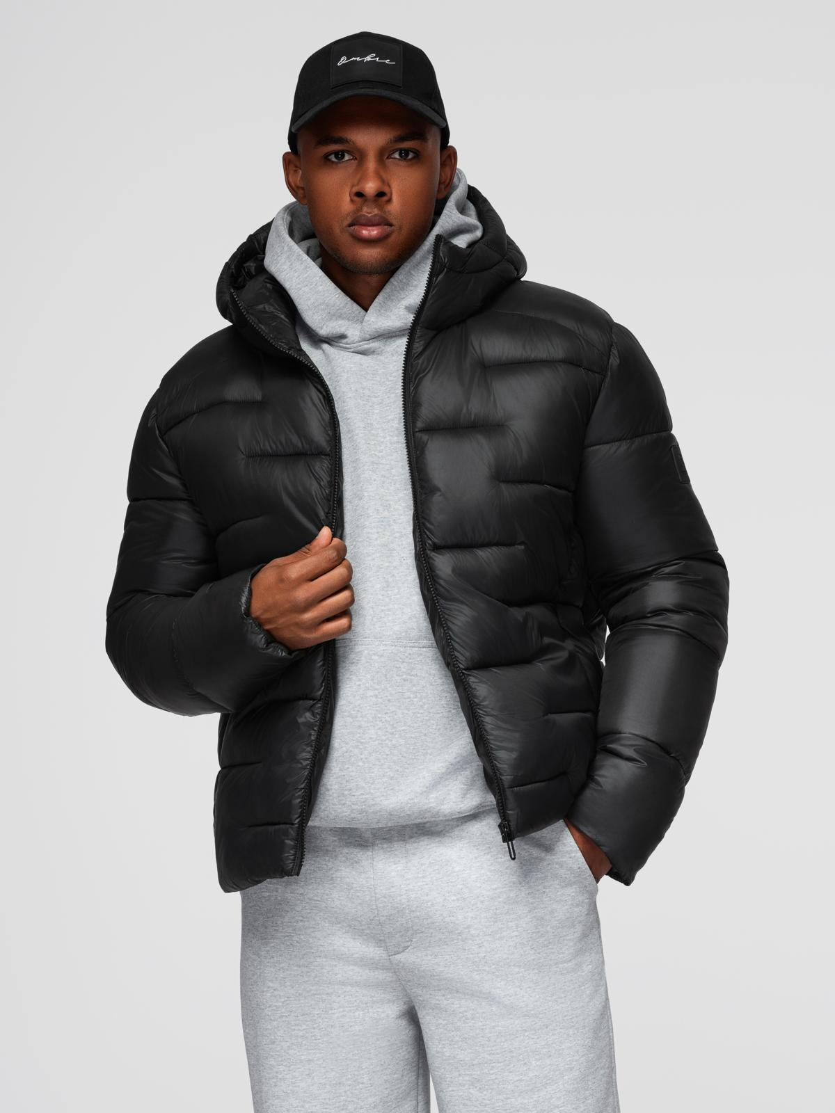 Ombre Men&#039;s quilted puffer jacket with hood - black