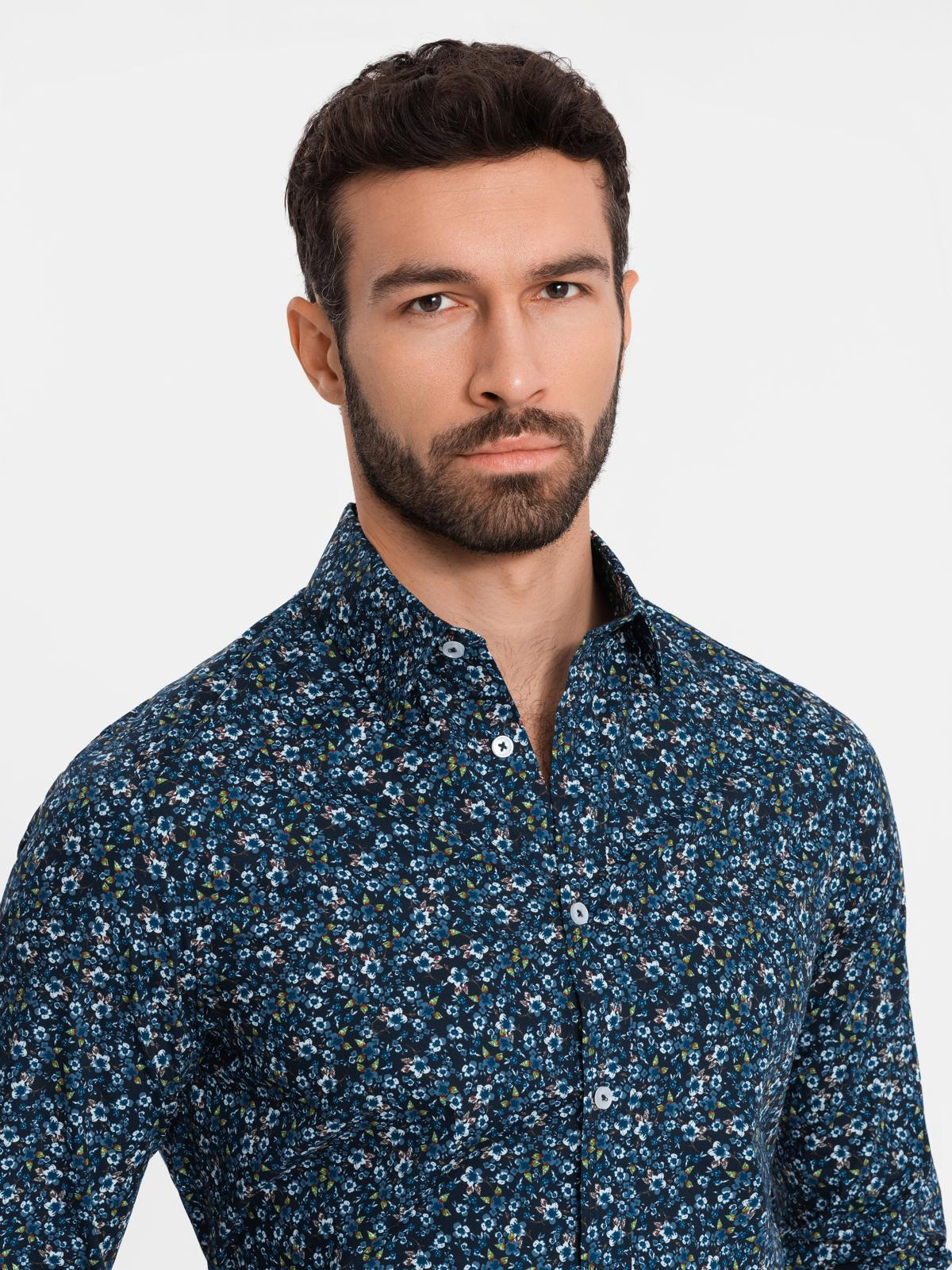 Ombre Men's SLIM FIT patterned cotton shirt - dark blue