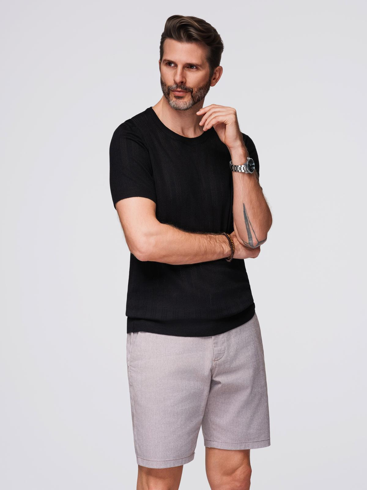 Ombre Men's openwork sweater with round neckline and short sleeves - black