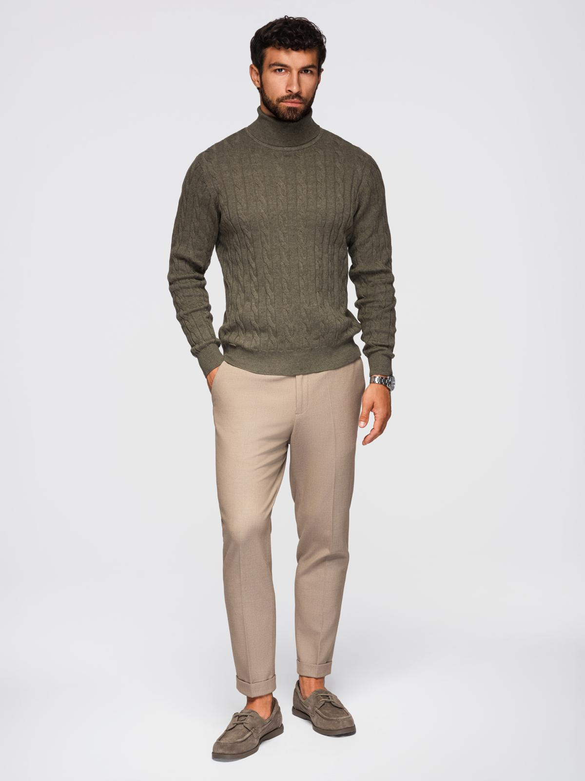 Ombre Men&#039;s turtleneck sweater with checkered weave - olive