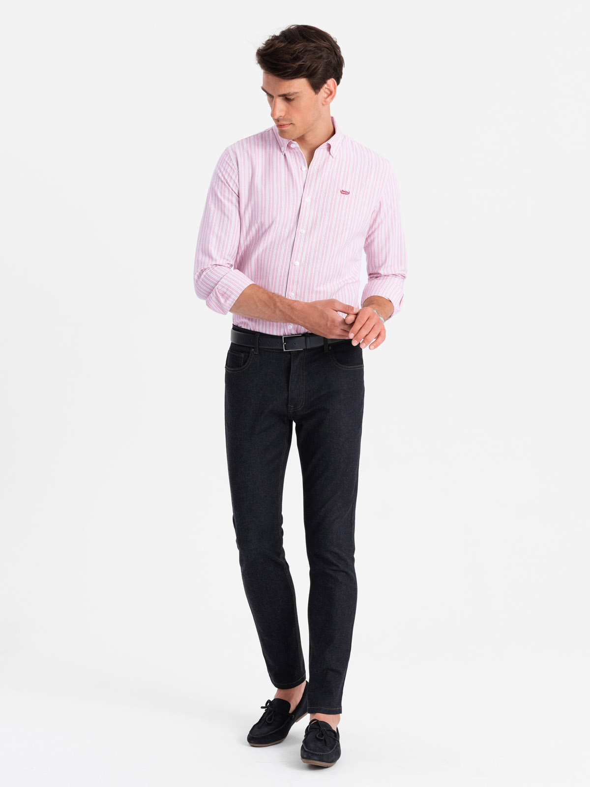 Ombre Men&#039;s cotton REGULAR FIT shirt with fine stripes - pink