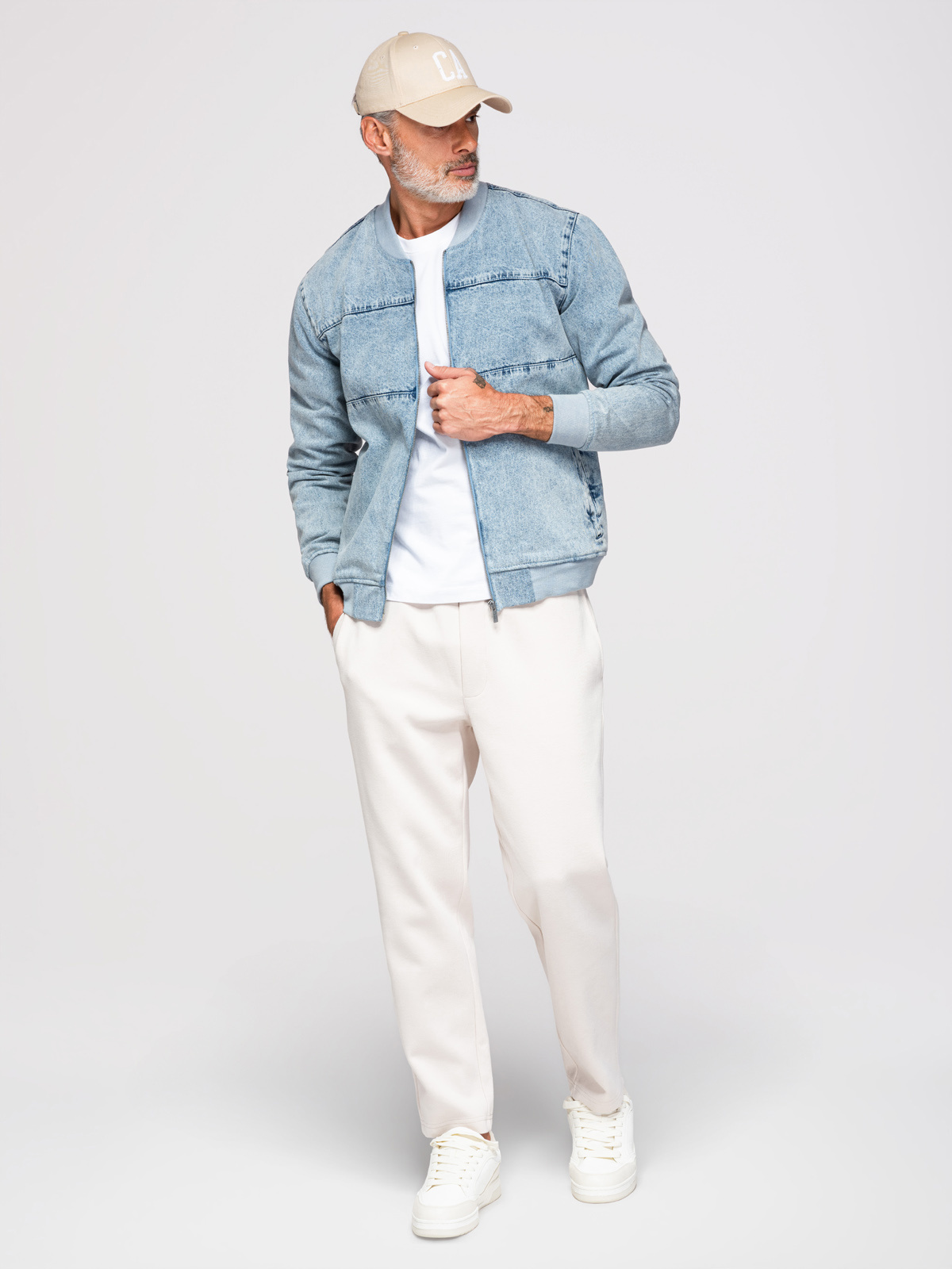 Ombre Men's denim bomber jacket with stone wash effect - light blue