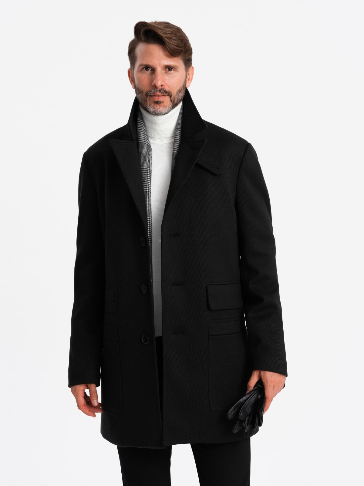 Ombre Men's single-breasted patterned coat with pockets - black