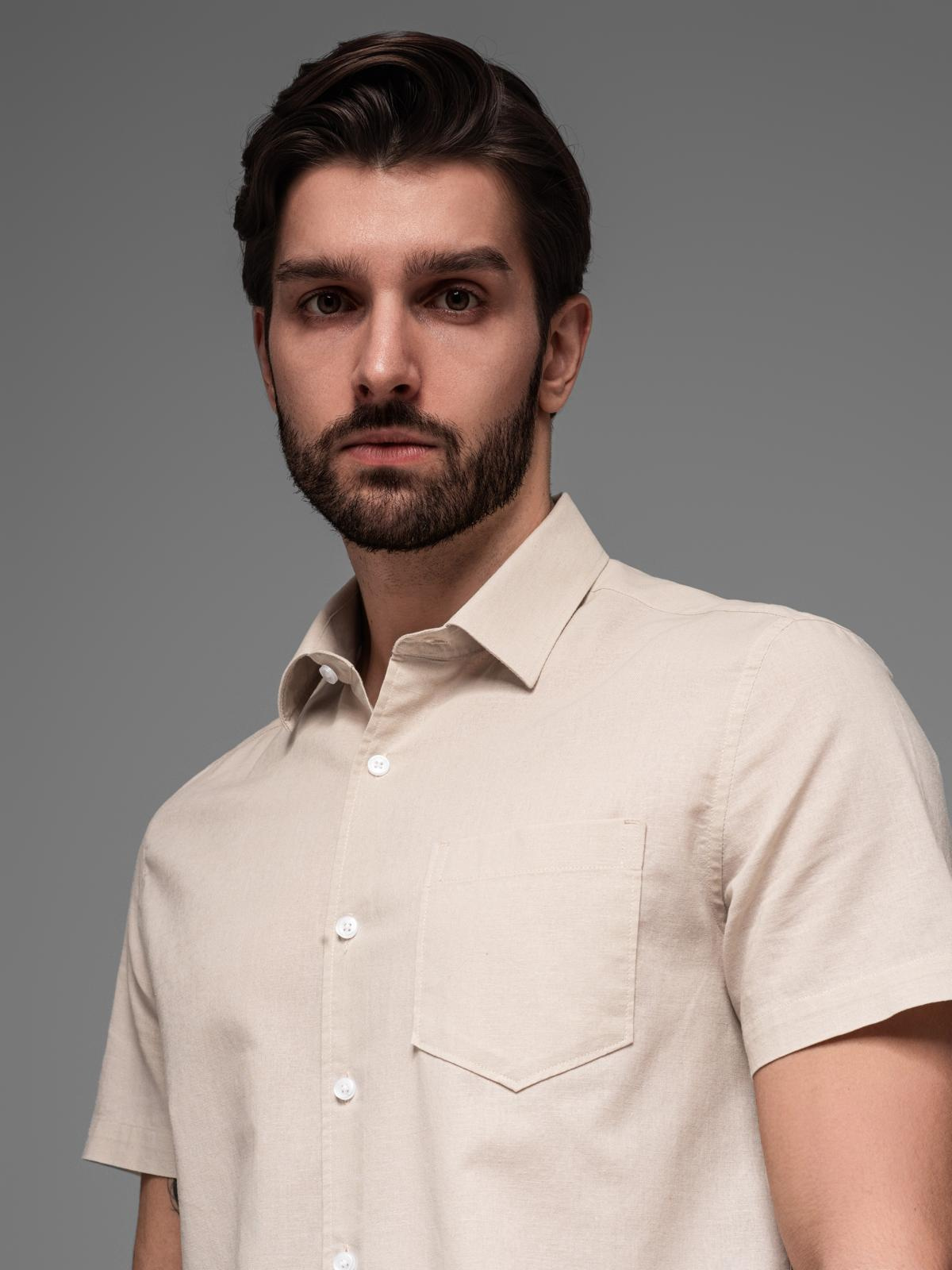 Ombre Men&#039;s short-sleeved linen-cotton shirt with pocket - beige