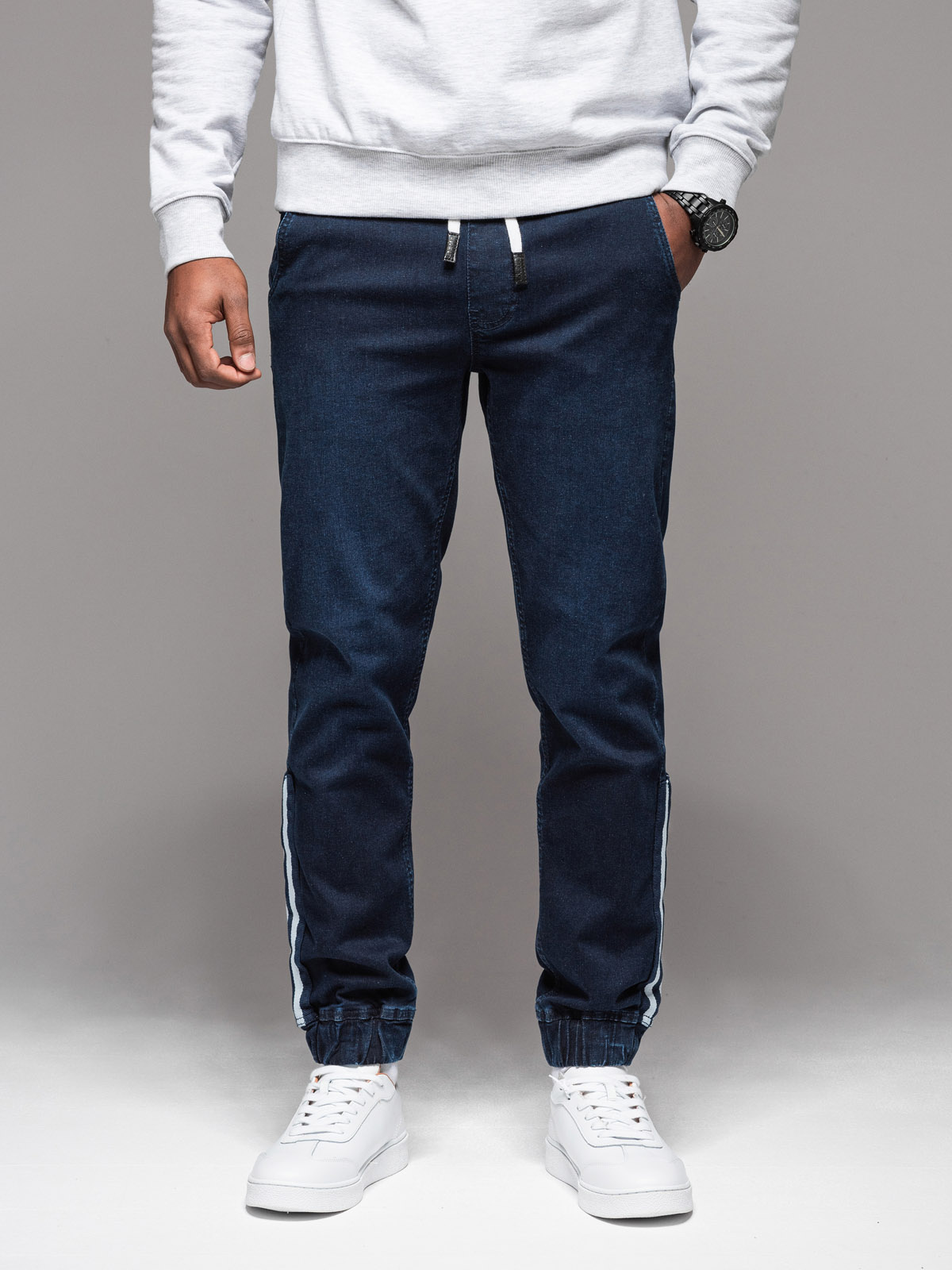Ombre Men&#039;s denim joggers with piping - dark blue