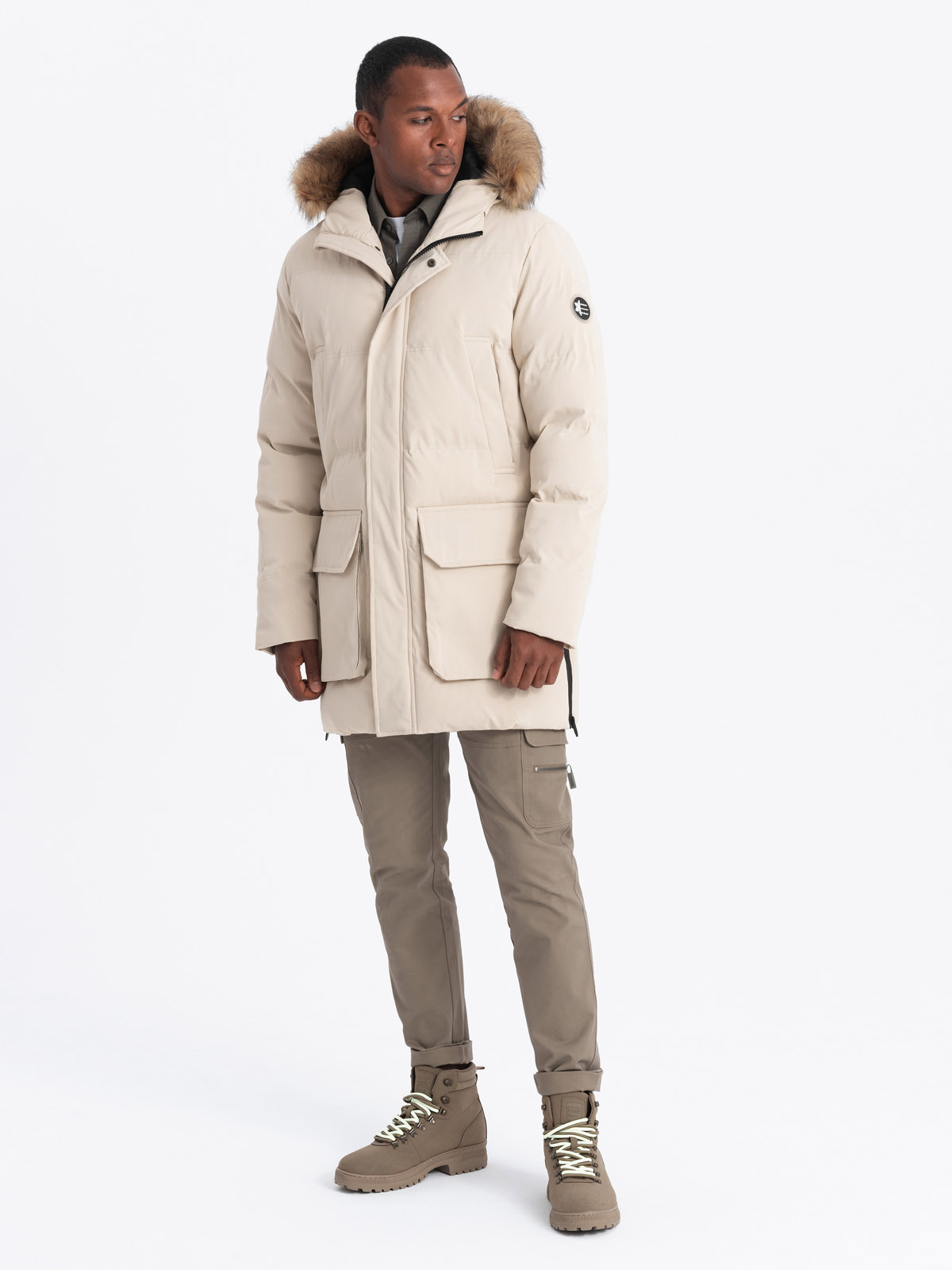 Ombre Men's long parka jacket with flared bottom - cream
