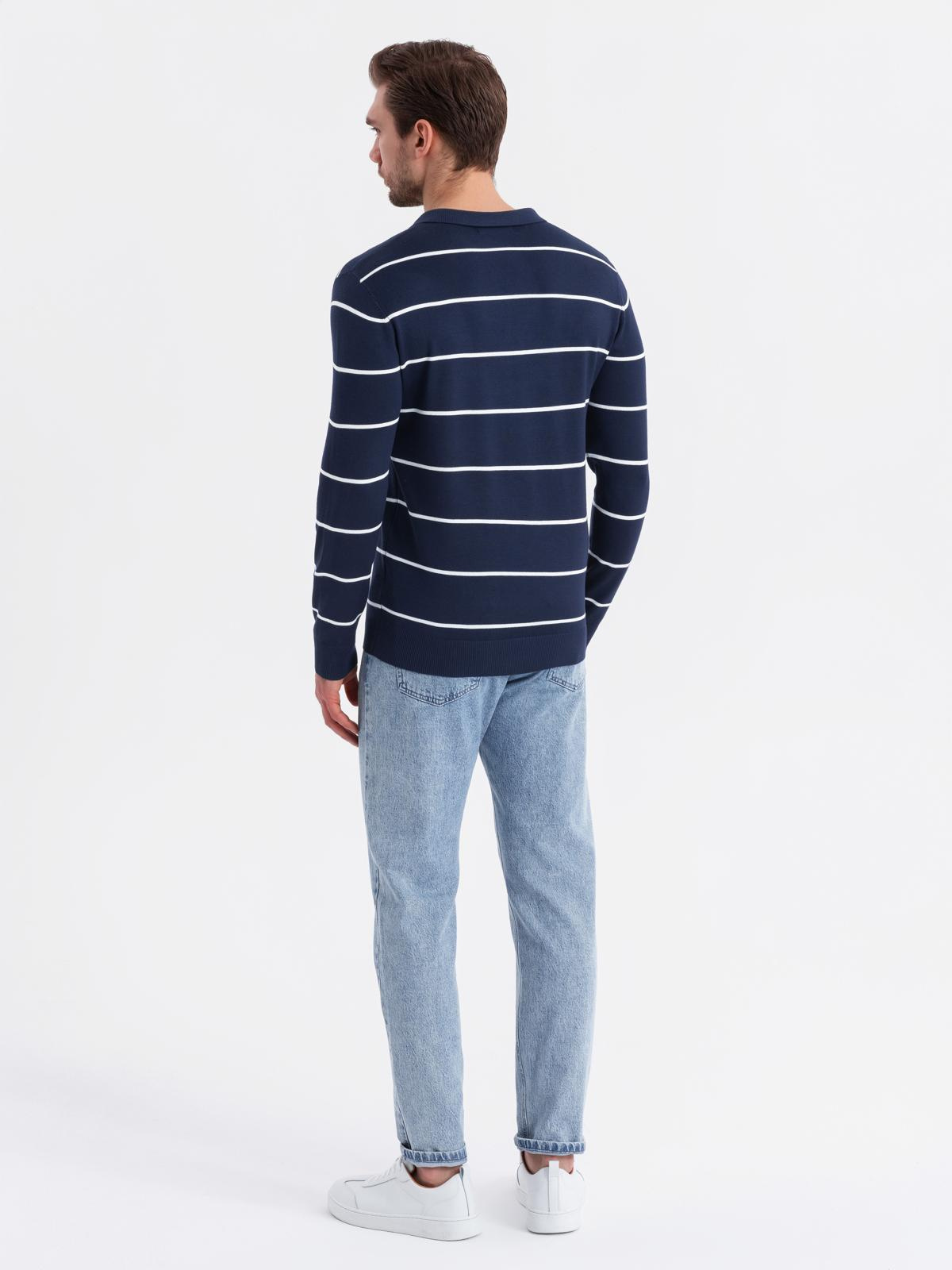 Ombre Men&#039;s horizontal striped polo longsleeve with viscose - navy blue and white
