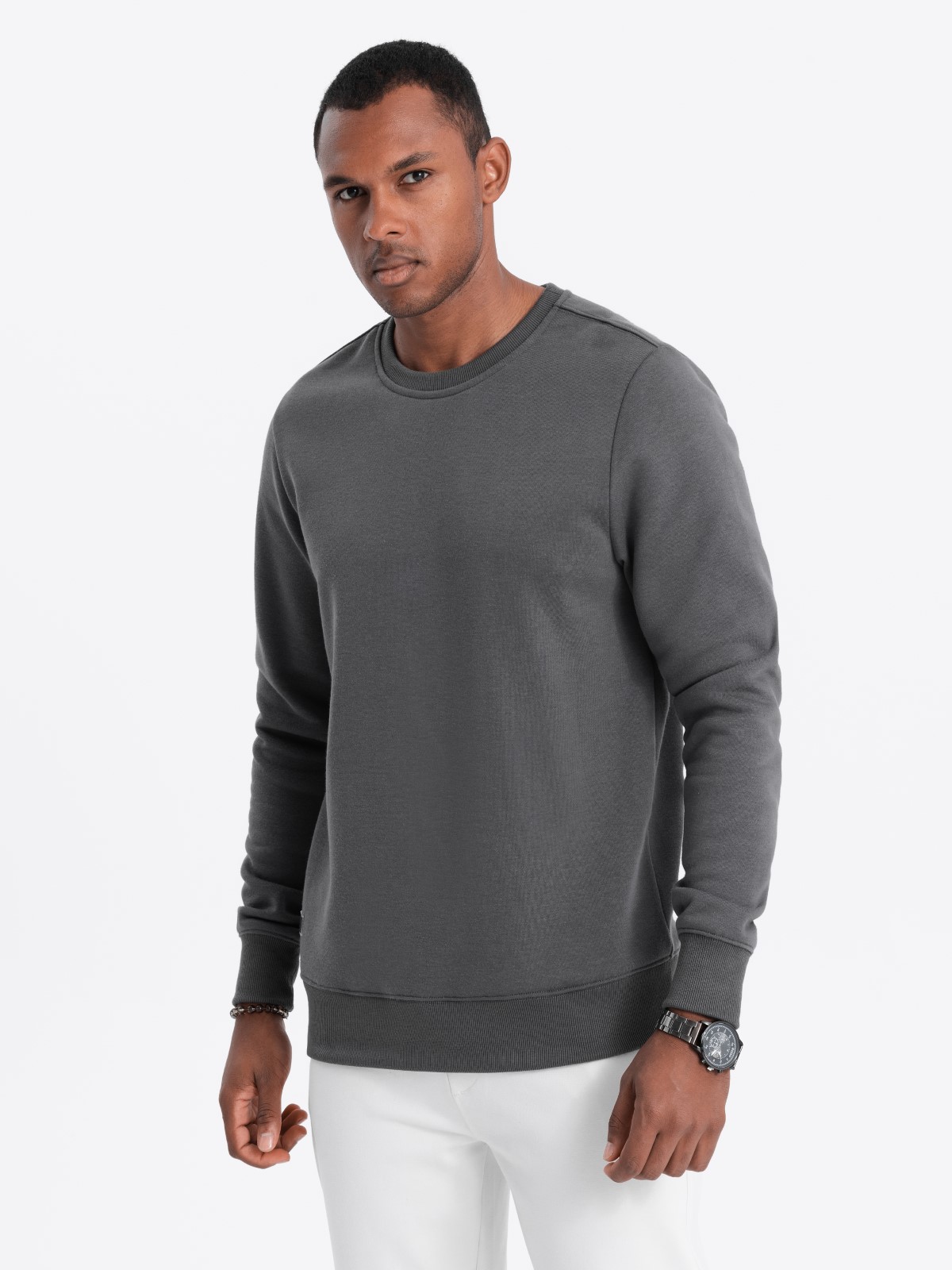 Levně Ombre BASIC men's hoodless sweatshirt - graphite