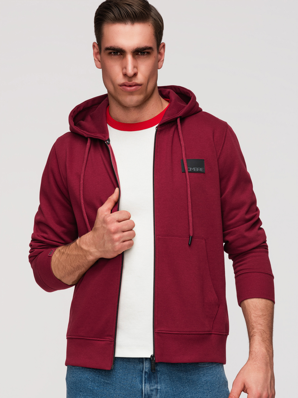 Ombre pánska mikina s kapucňou na zips - červená