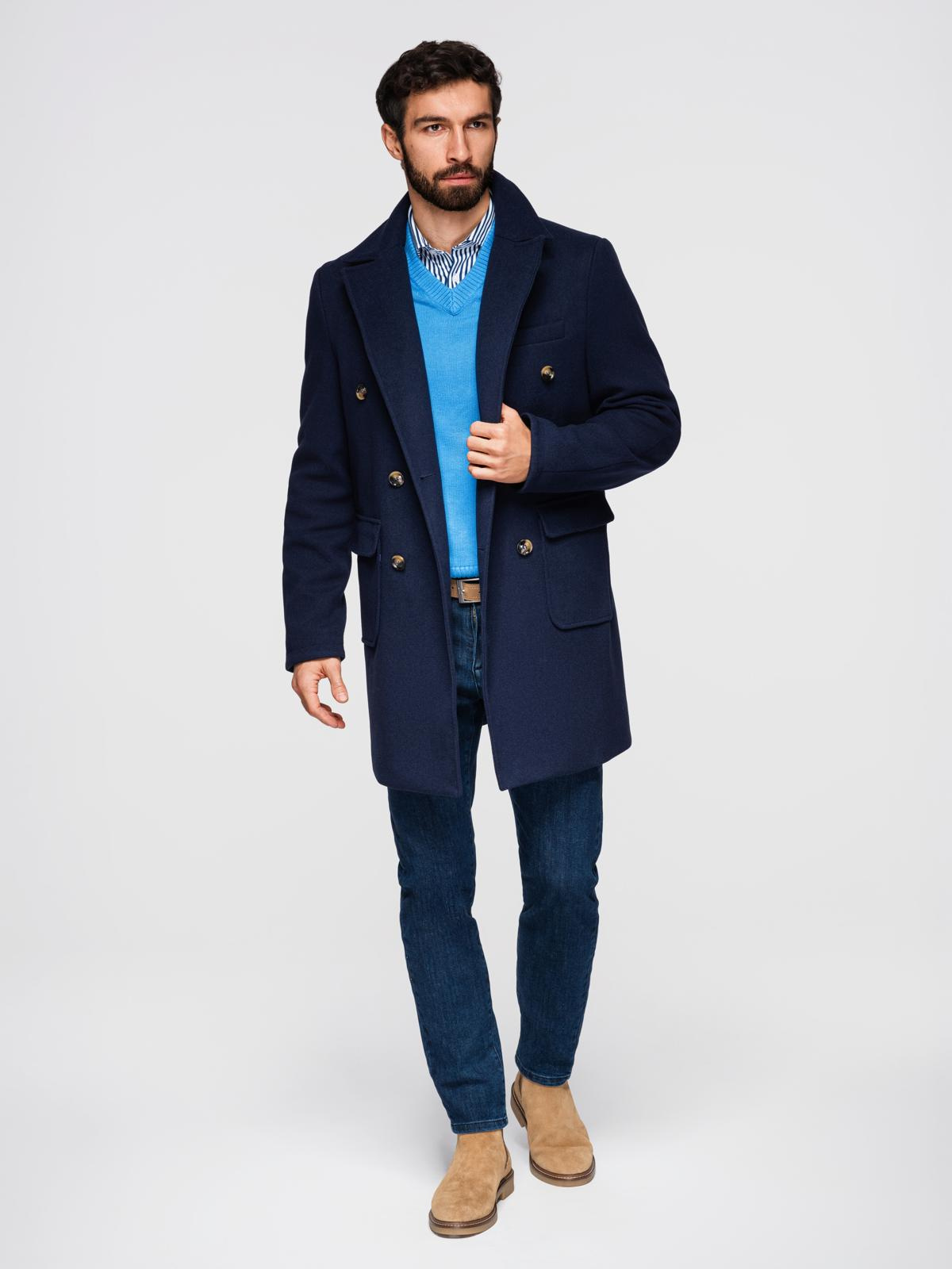 Ombre Men's double-breasted coat with decorative buttons - indigo