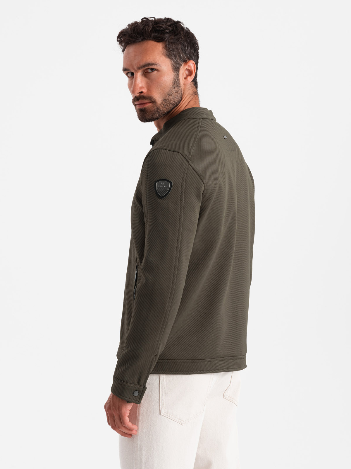 Ombre Men's BIKER jacket in structured fabric - dark olive green