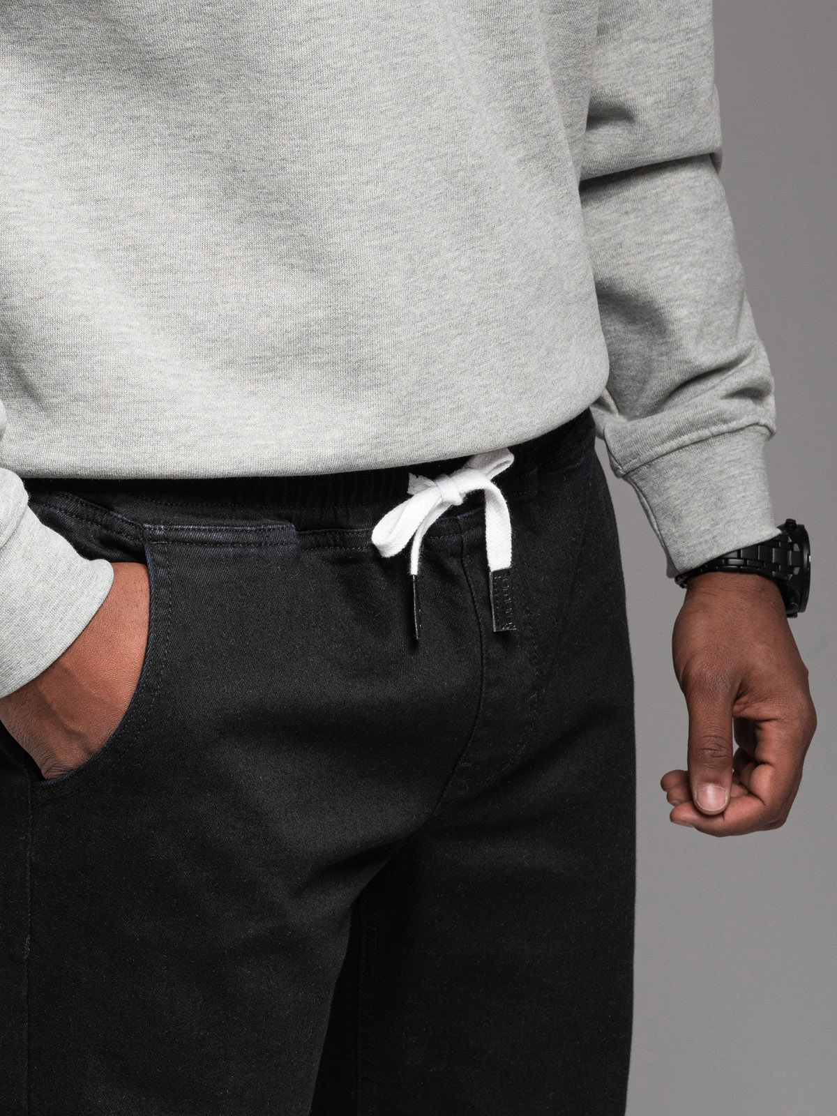 Ombre Men's denim joggers with piping - black