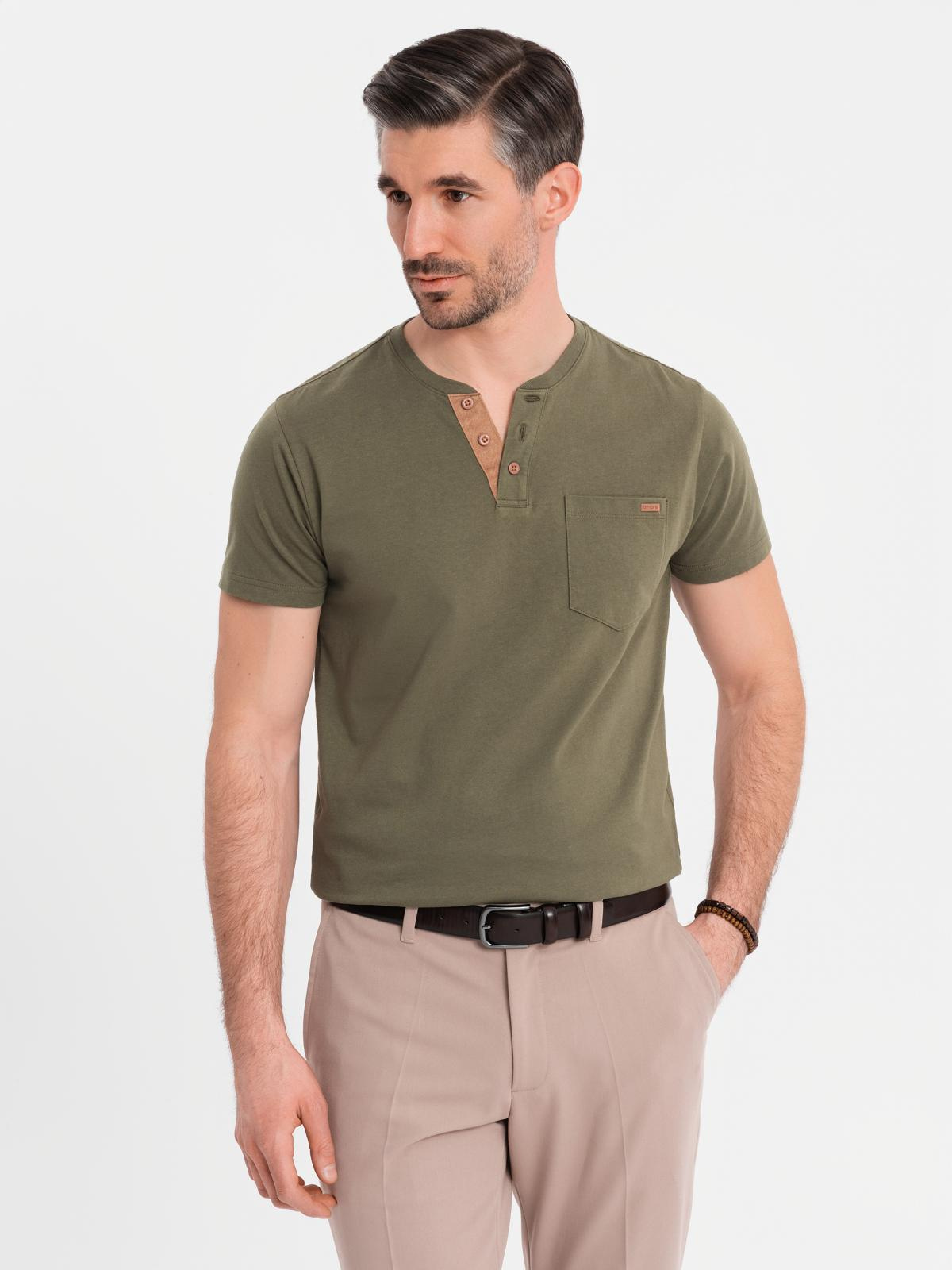 Ombre Mens T-shirt with button neckline and suede trim - dark olive