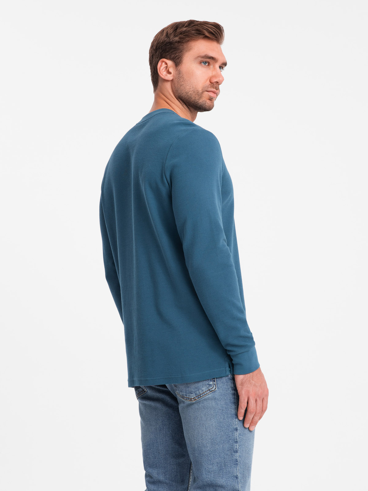 Ombre Men's waffle knit longsleeve fastened at the neck - blue denim