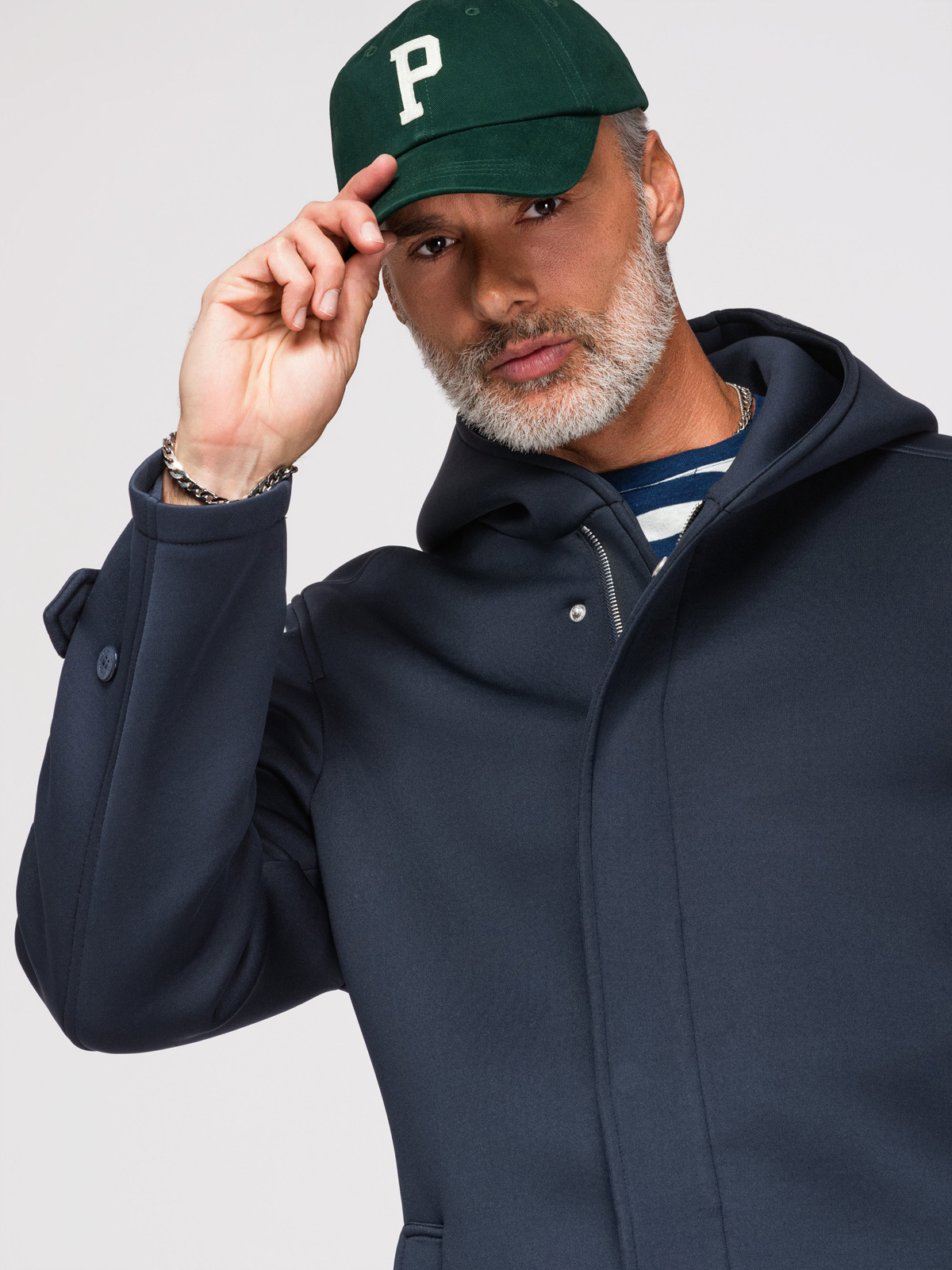 Ombre Minimalist men's mid-length coat with hood - navy blue