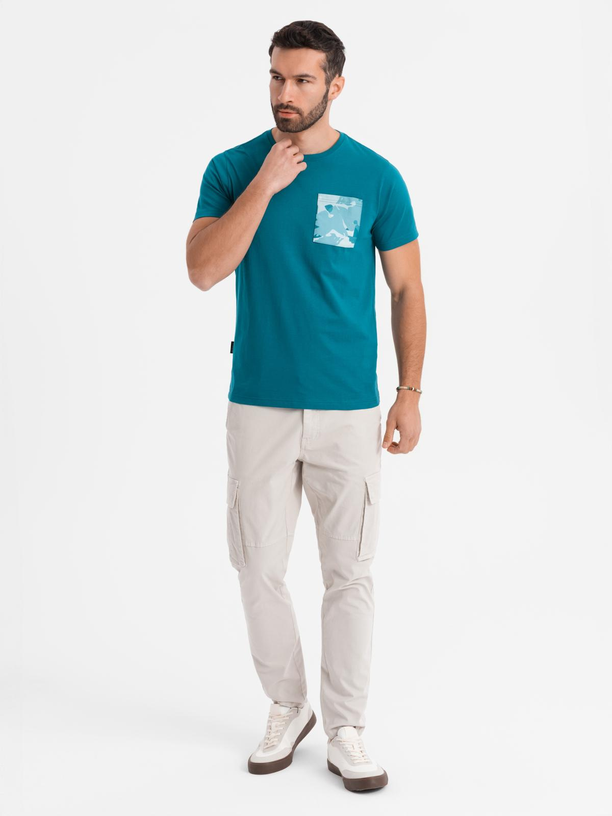 Ombre Men's cotton t-shirt with printed pocket - turquoise