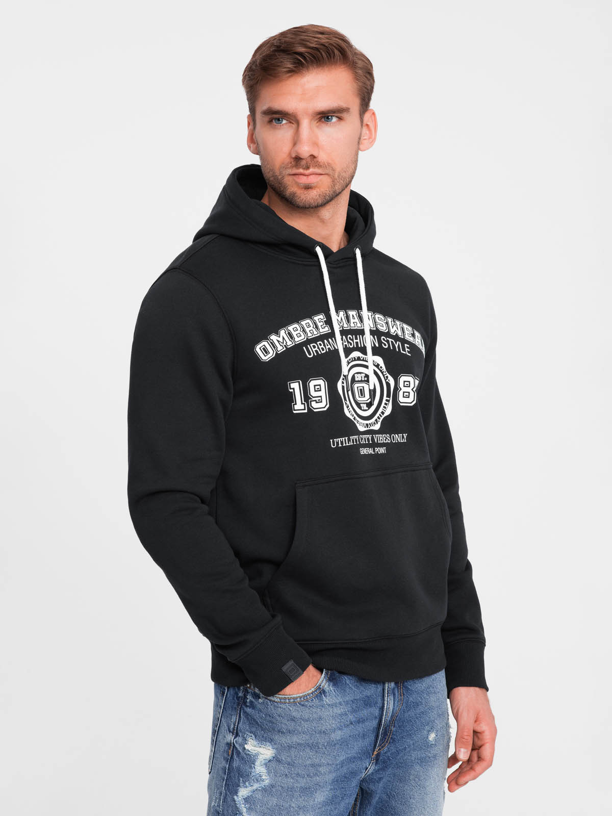 Ombre Men's Kangaroo Hoodie With College Style Print - Black