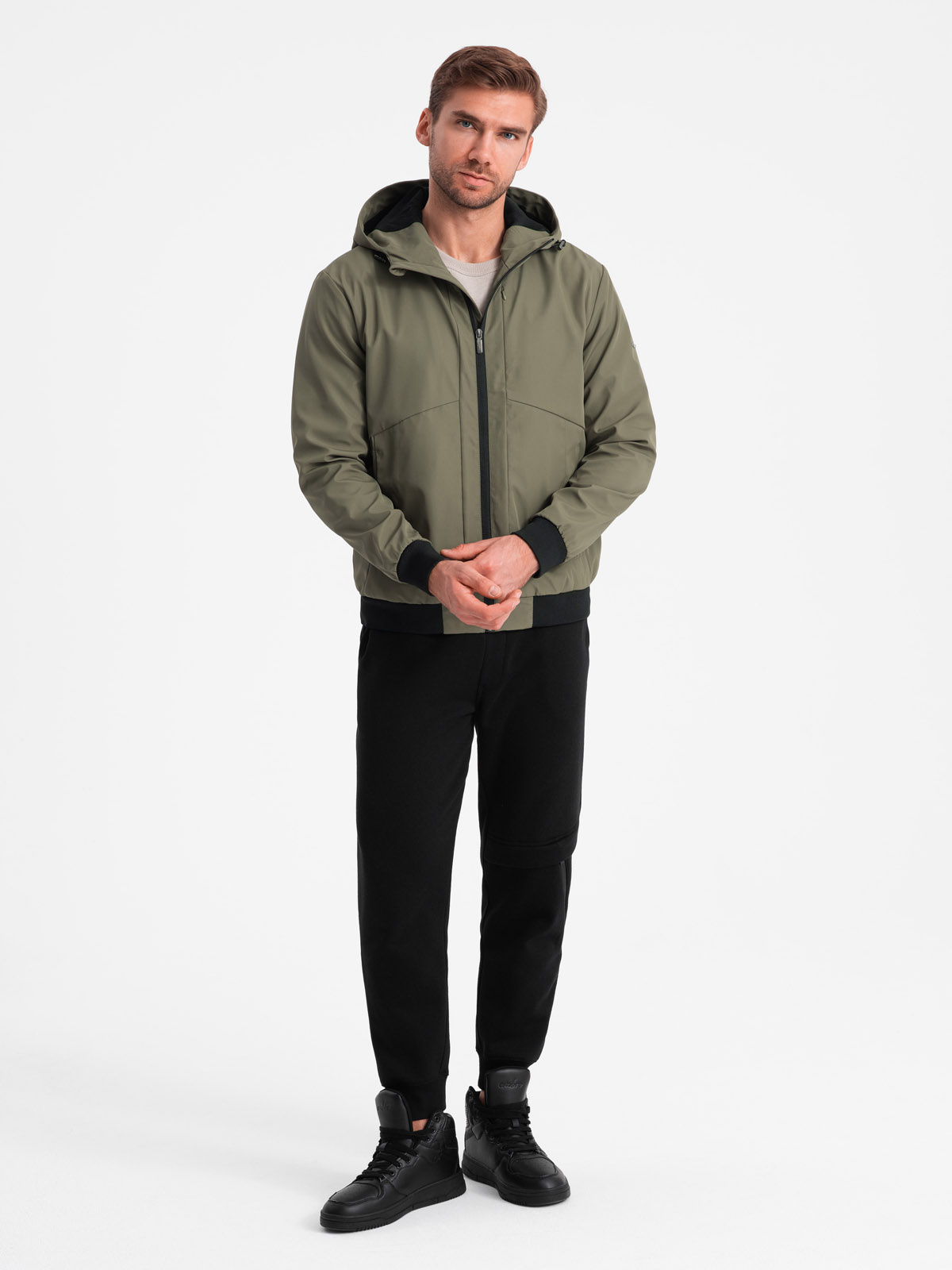 Ombre Men&#039;s lightweight jacket with hood and mesh lining - olive