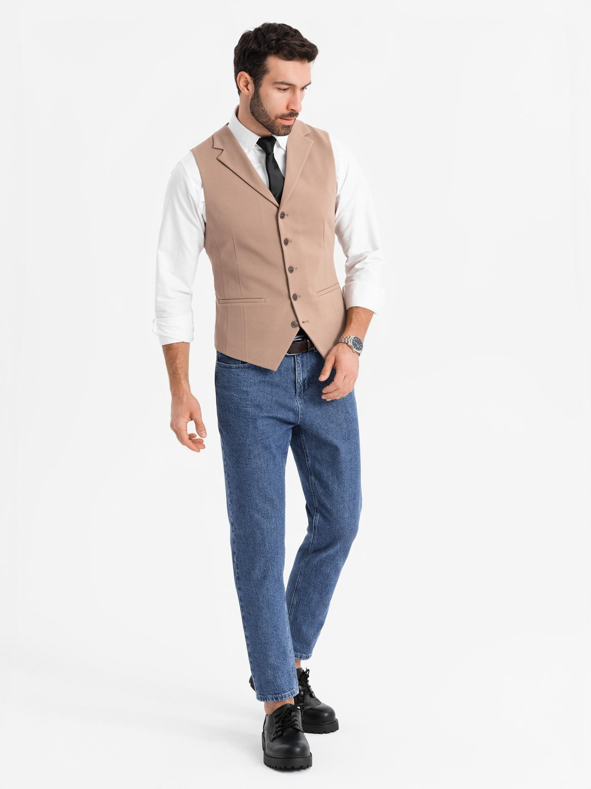Ombre Fitted elegant men&#039;s vest with elastane and lapels - brown