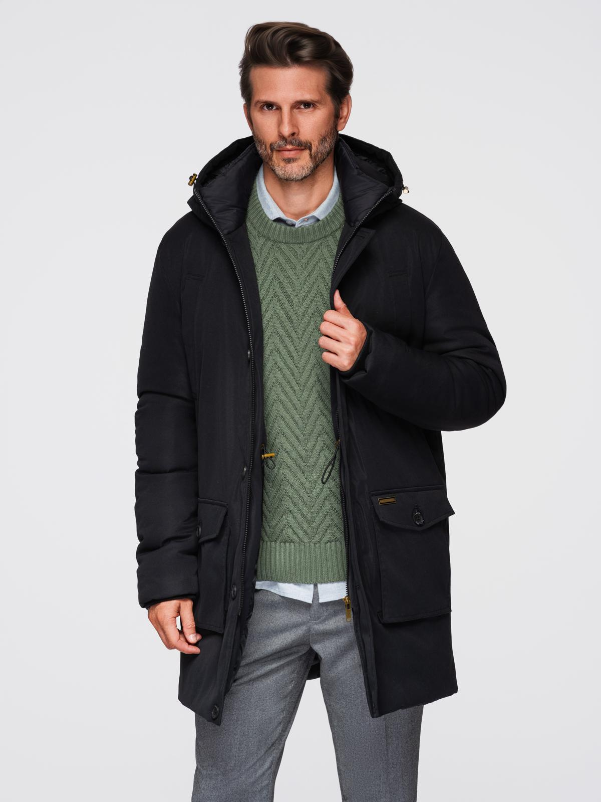 Ombre Elegant men&#039;s parka with cargo pockets and hood - black