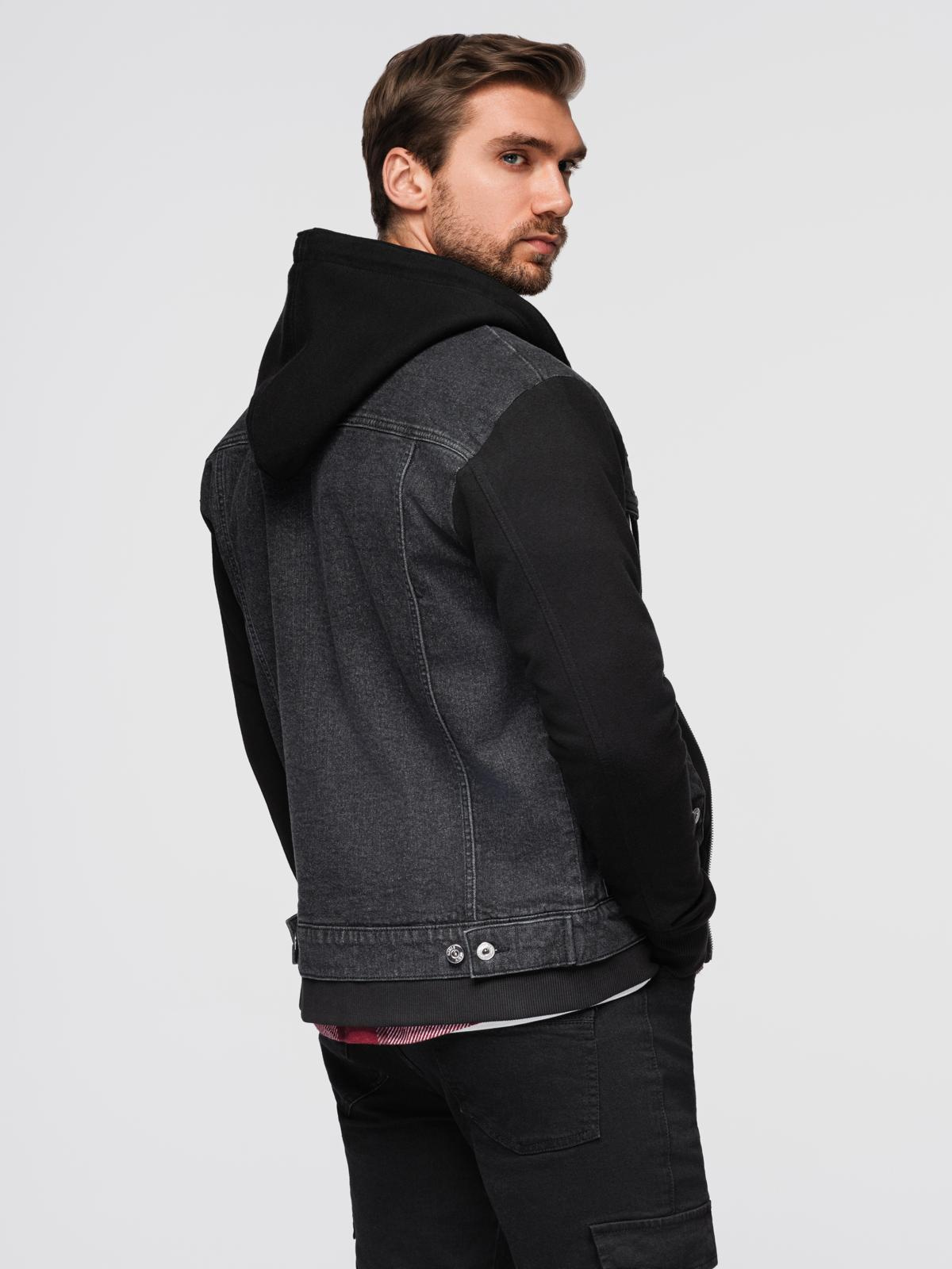 Ombre Men&#039;s denim jacket with knitted sleeves and hood - black