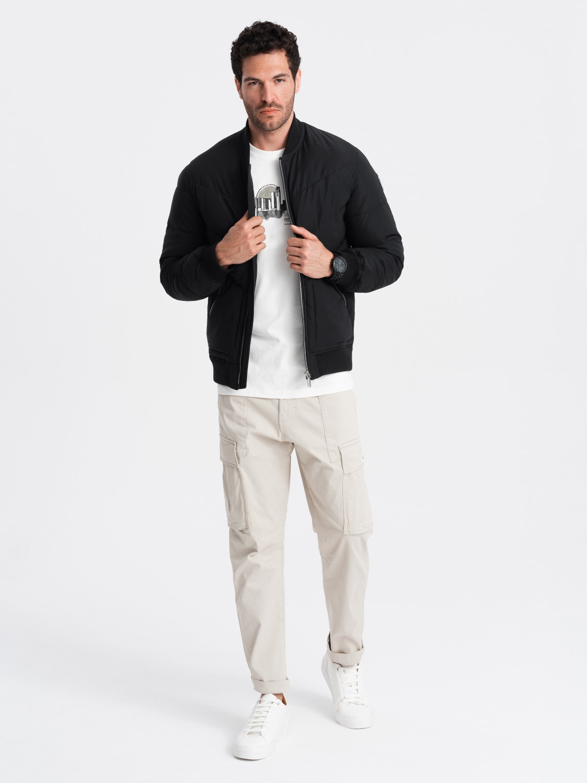 Ombre Men&#039;s quilted bomber jacket with metal zippers - black