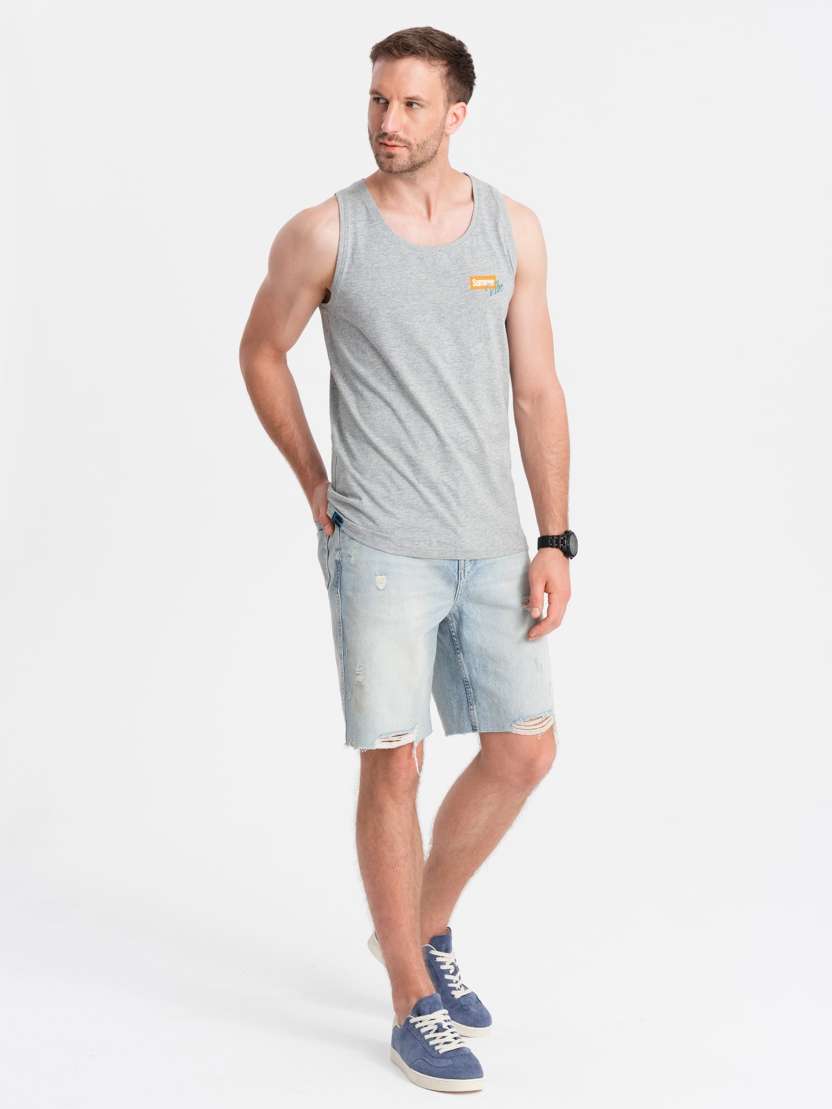 Ombre Summer Vibe printed men's cotton tank top - grey melange