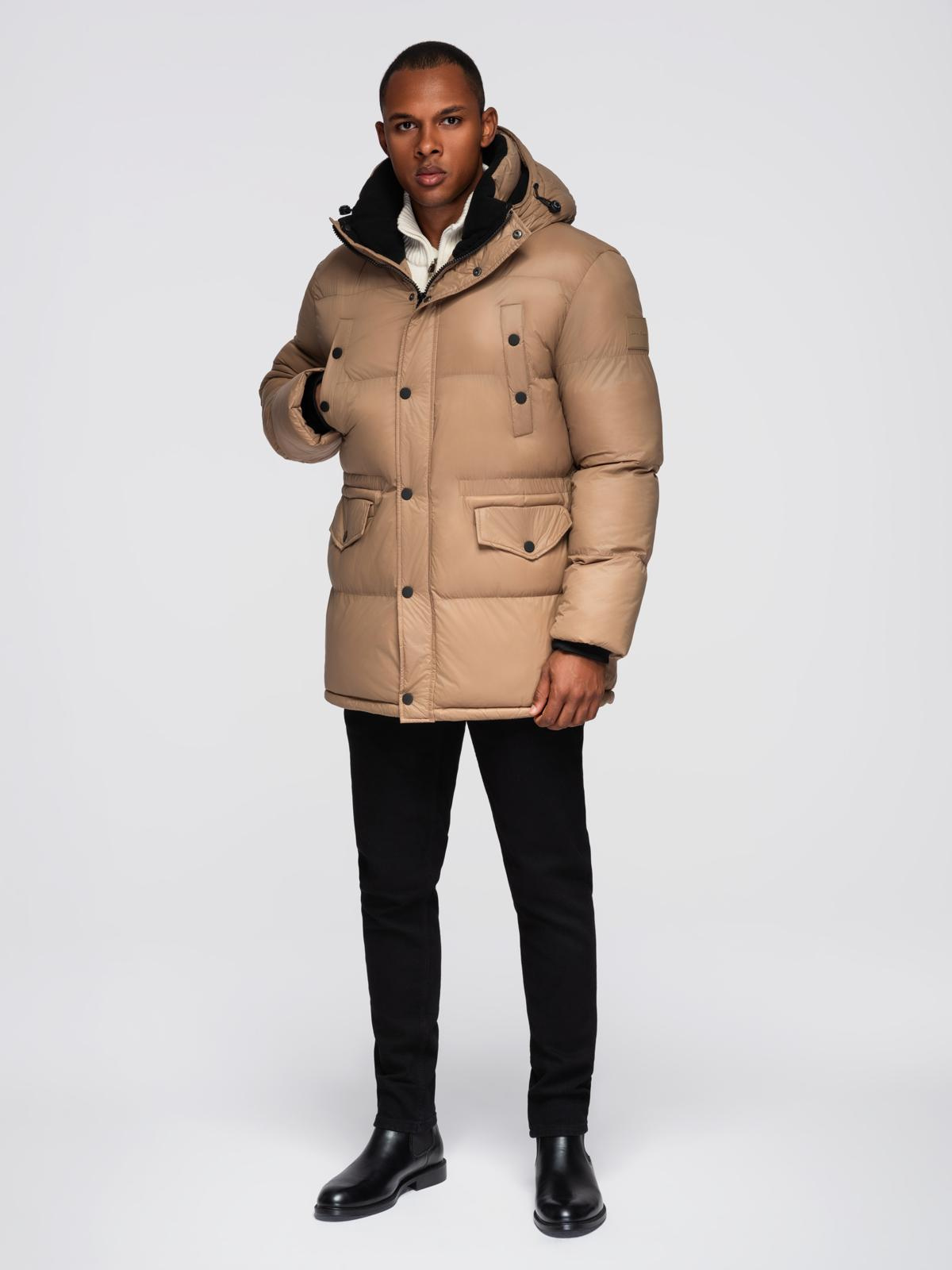 Ombre Men&#039;s long puffer jacket with snap pockets - brown