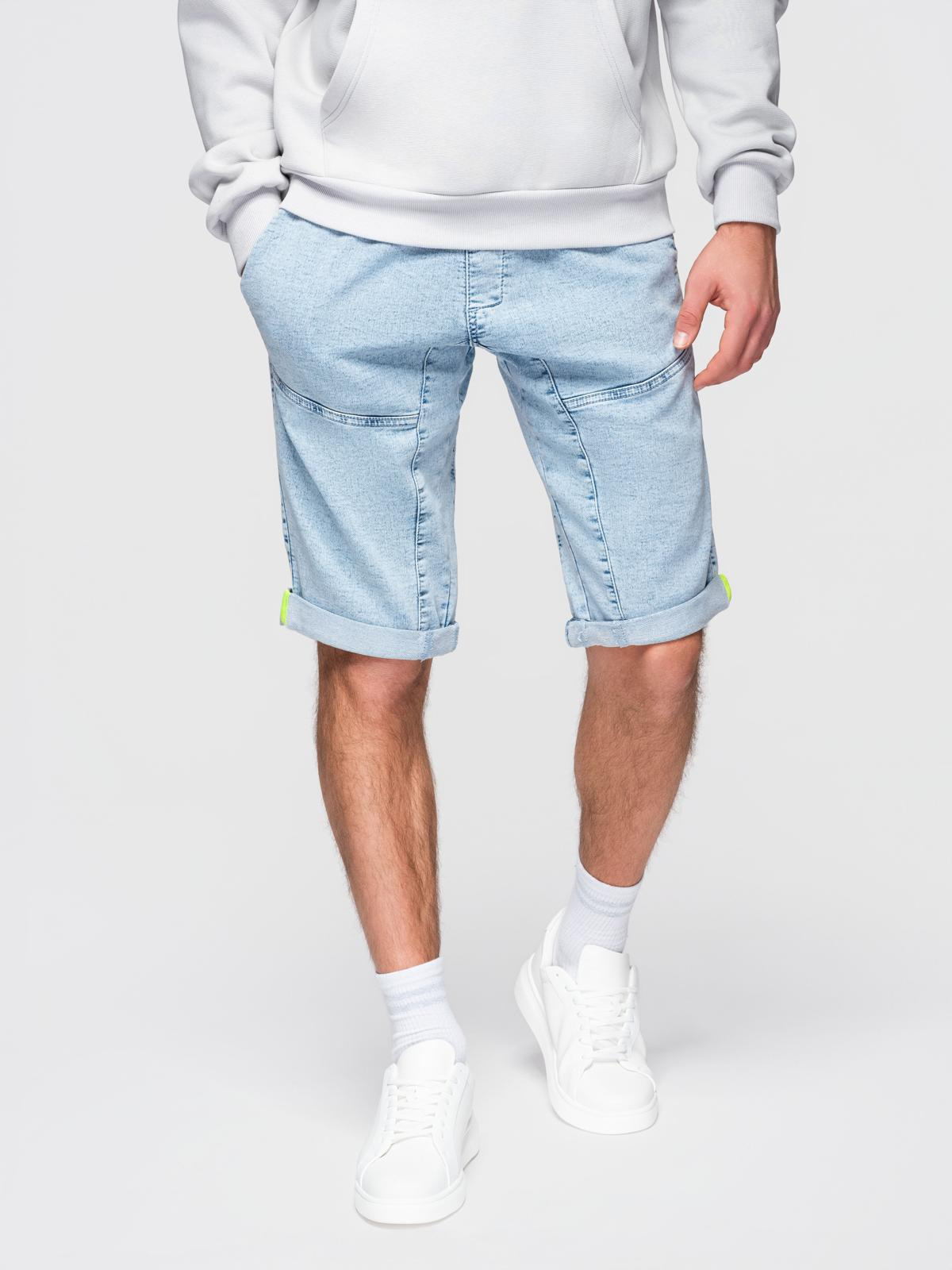 Ombre Men's short denim shorts with decorative stitching - light blue