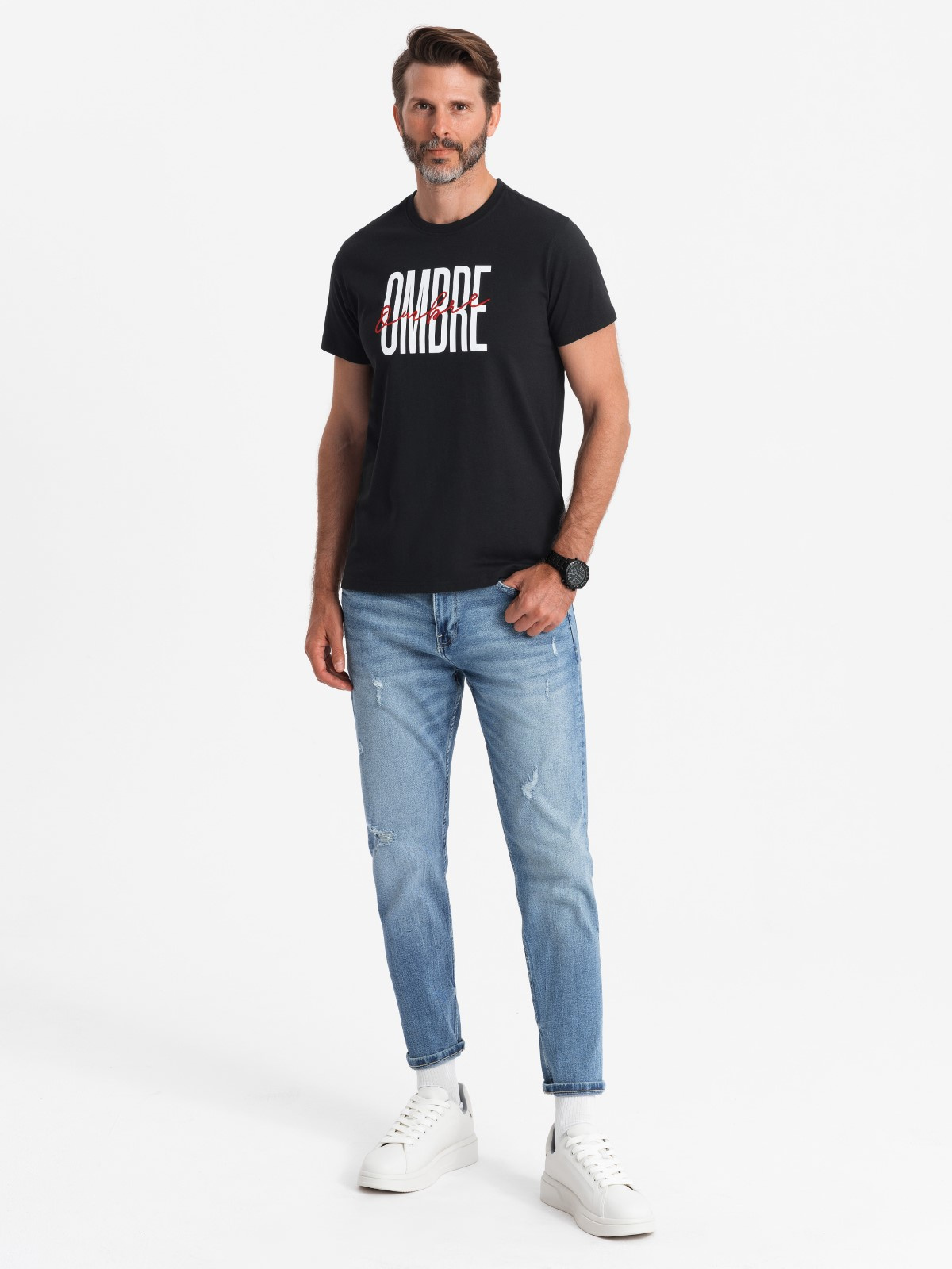 Ombre Men's cotton t-shirt with double logo - black