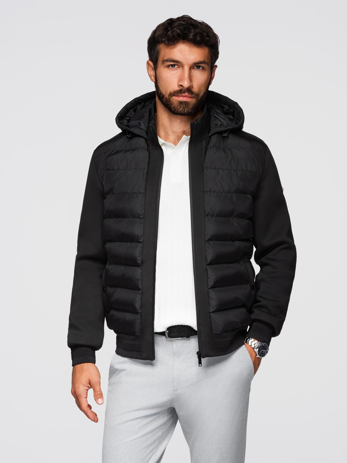 Ombre Quilted bomber jacket with hood and knitted sleeves - black