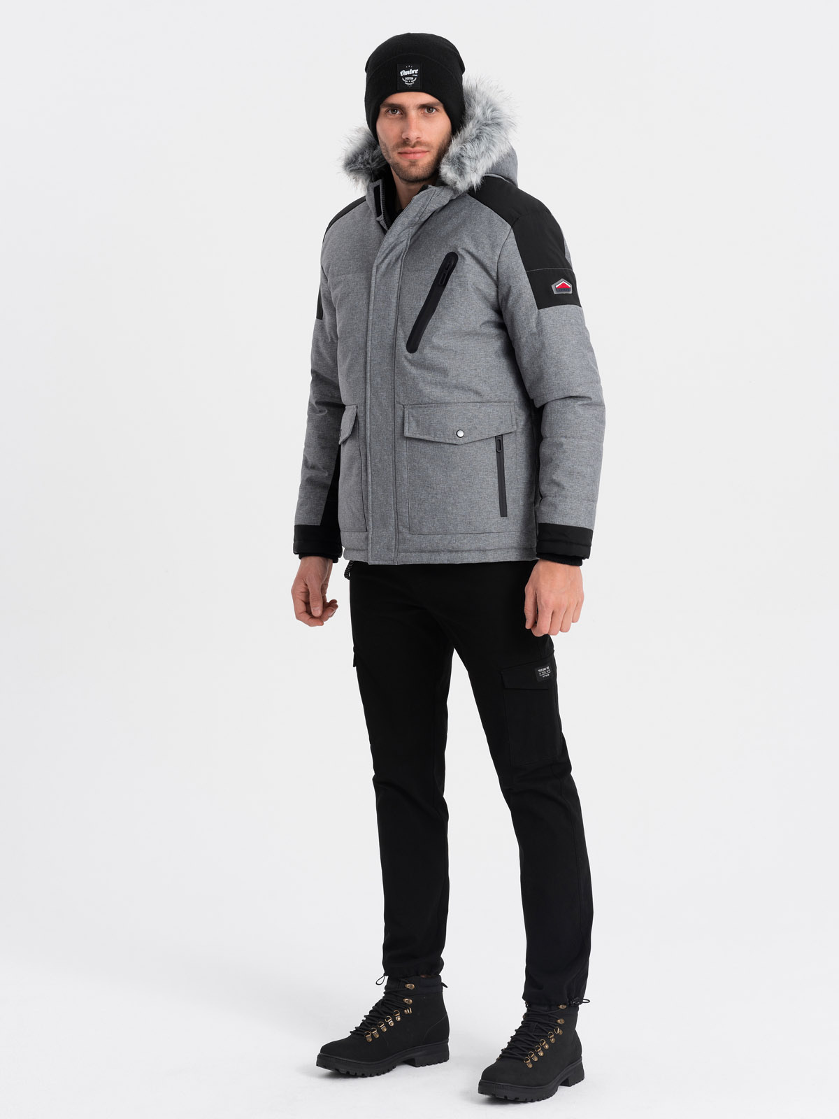 Ombre Men's winter jacket with adjustable hood with detachable fur - grey and black