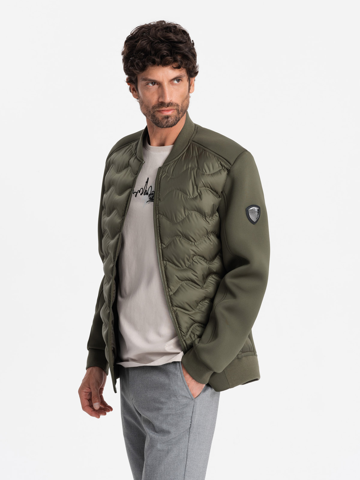 Ombre Men's Quilted Bomber Jacket - Dark Olive Green