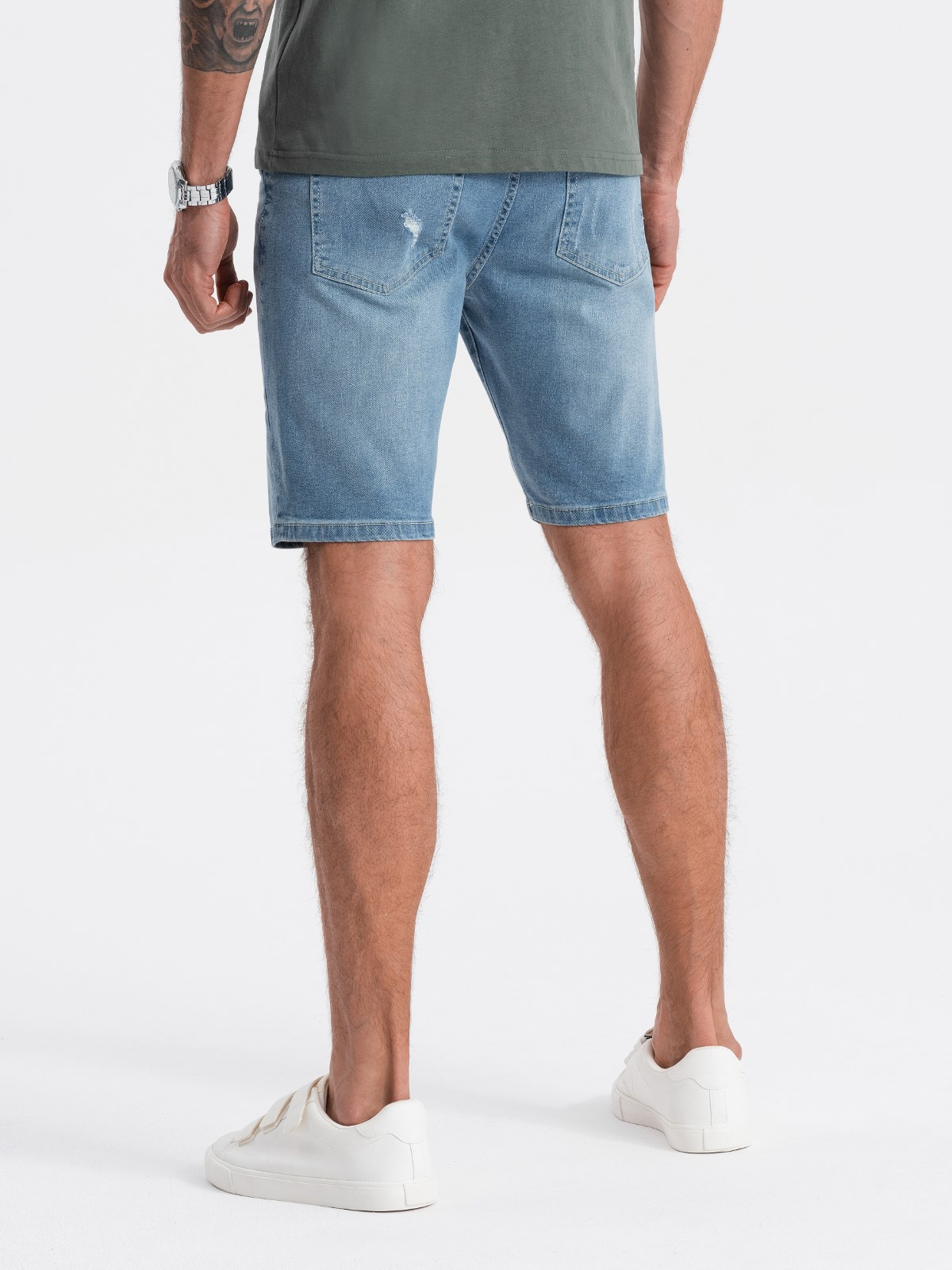 Ombre Men&#039;s denim short shorts with holes - light blue