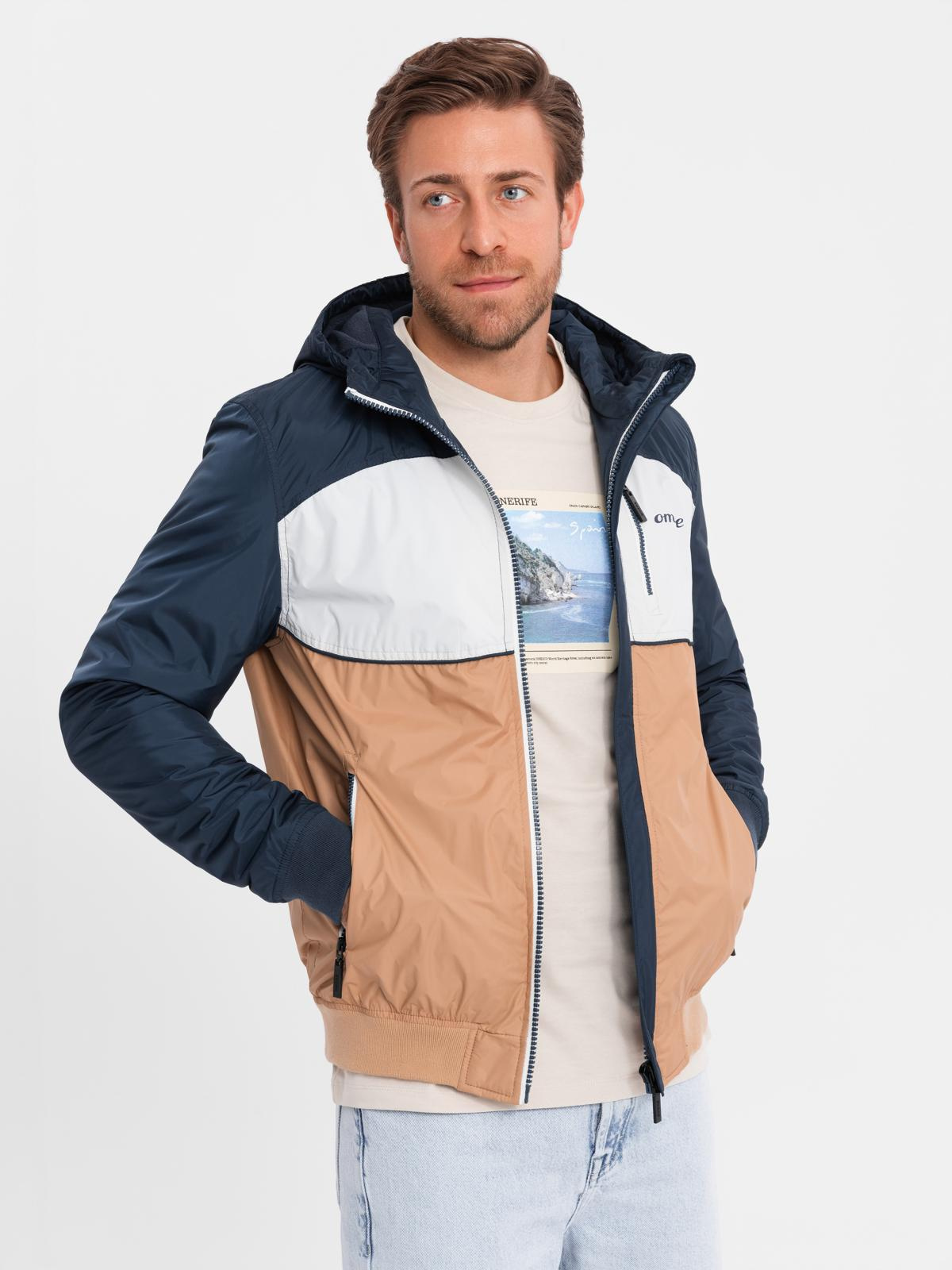 Ombre Lightweight colorful men&#039;s sports jacket with fleece - brown and navy blue