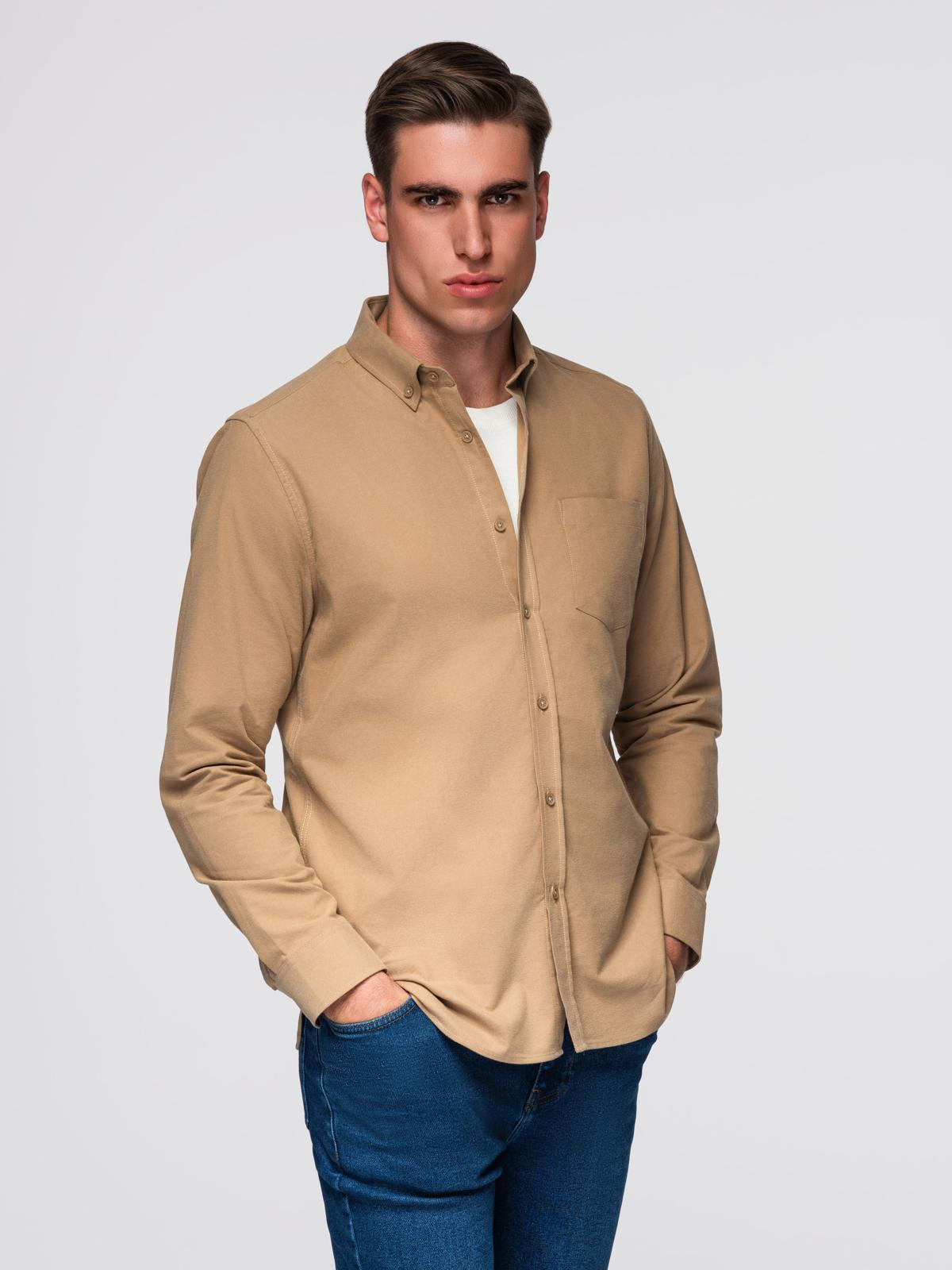 Ombre Men&#039;s REGULAR FIT cotton shirt with pocket - light brown