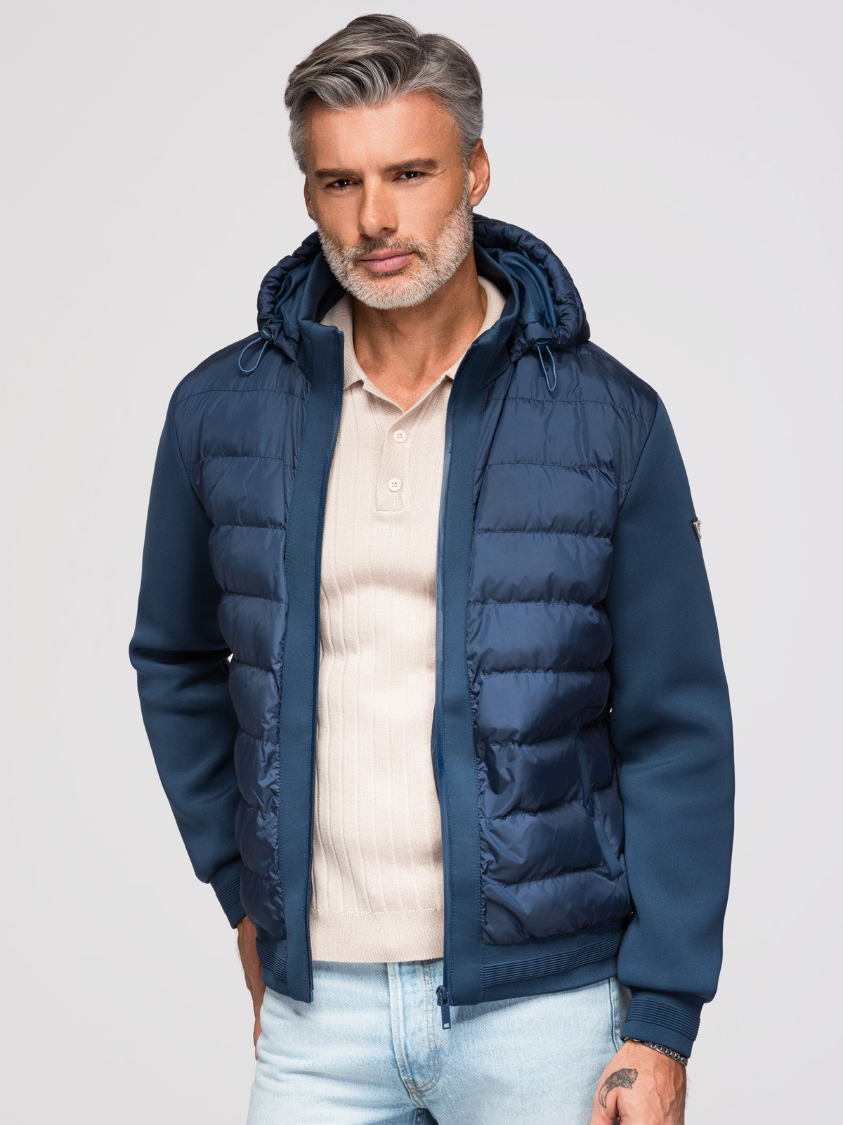 Ombre Quilted bomber jacket with hood and knitted sleeves - navy blue