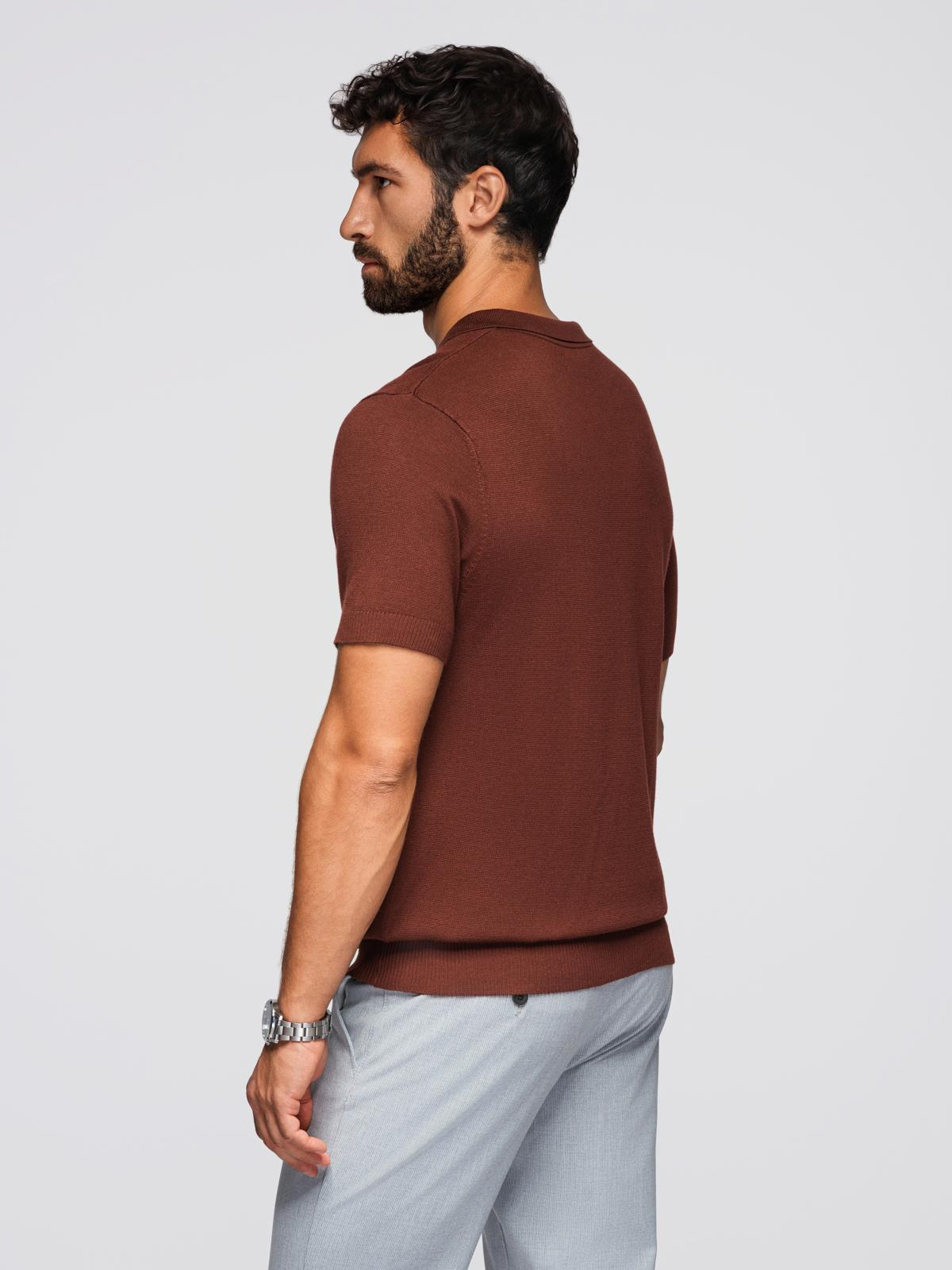 Ombre Men's buttonless polo shirt with classic weave - dark brown