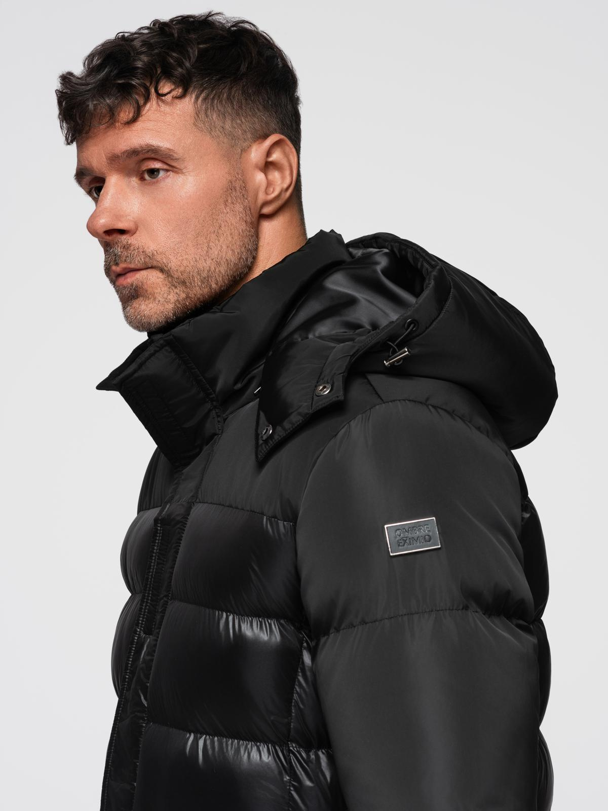 Ombre Men&#039;s quilted jacket with high collar and hood - black