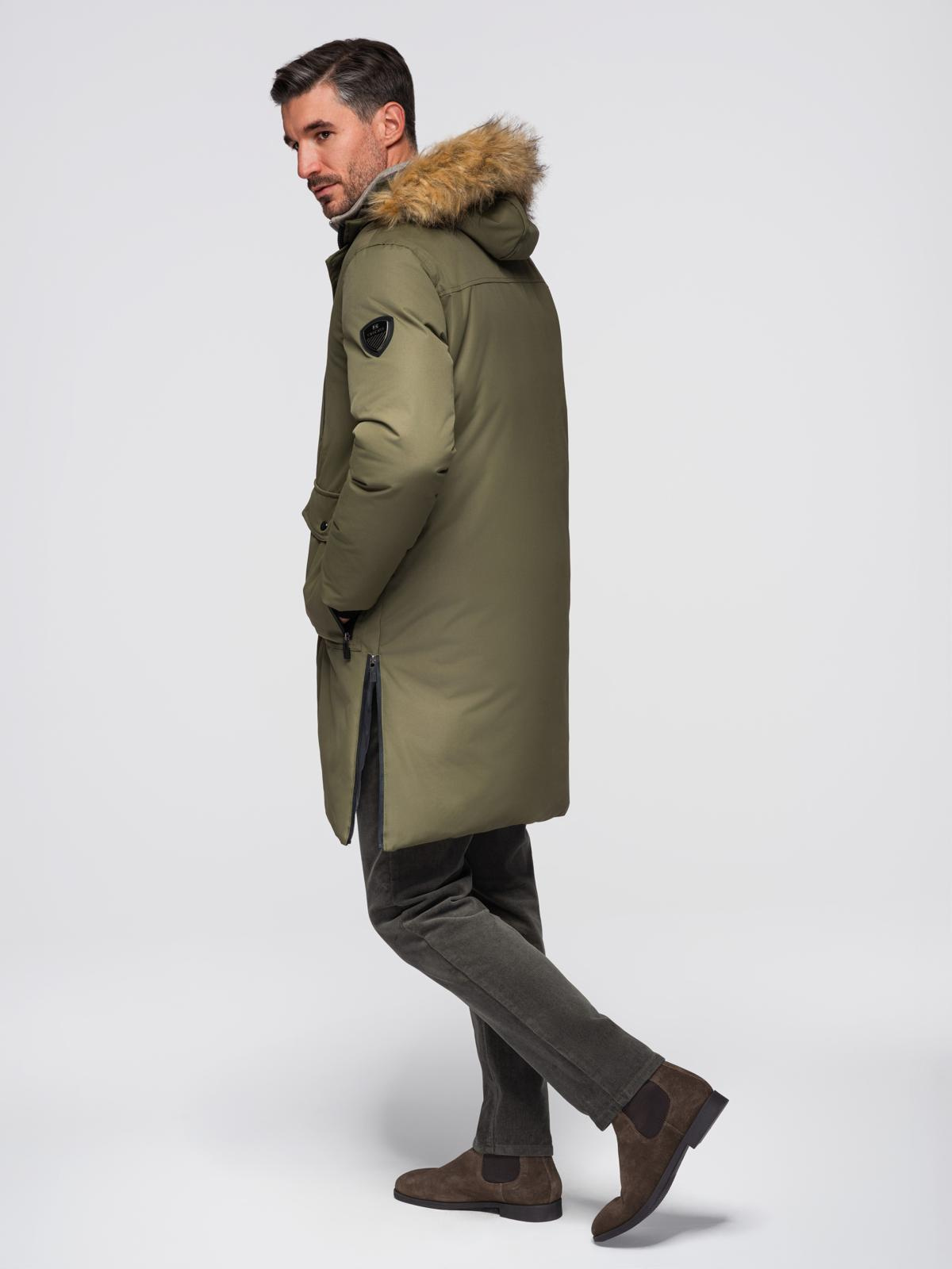 Ombre Alaskan men's winter jacket with detachable fur from the hood - dark olive green